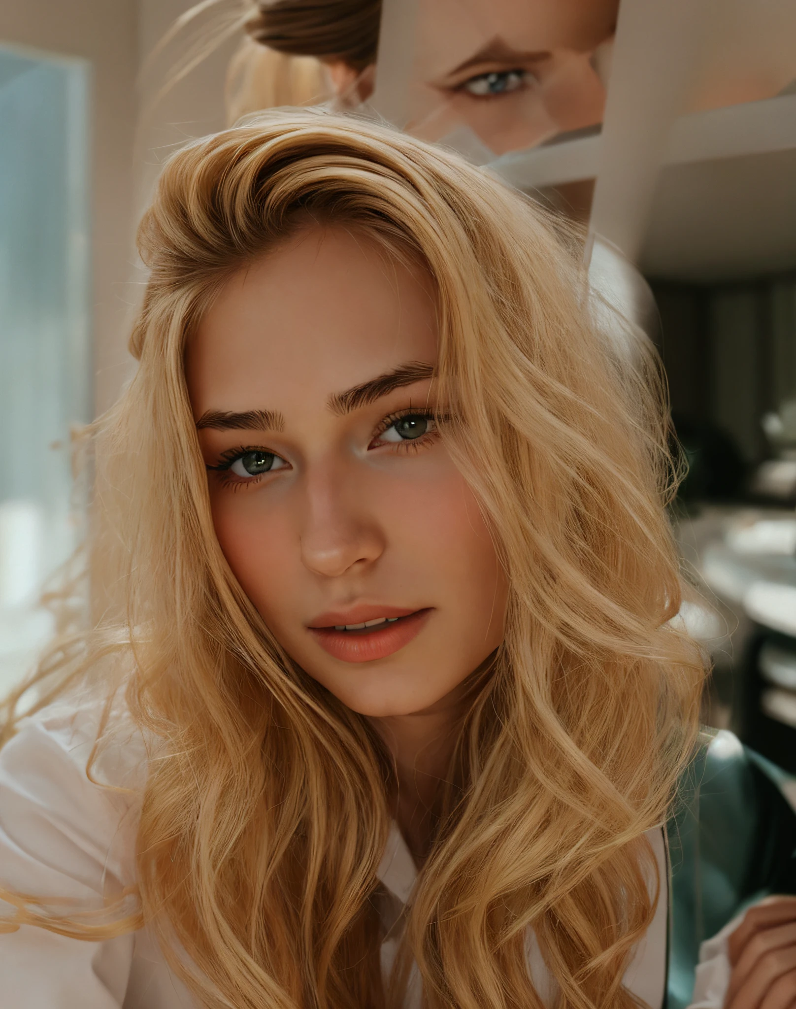 there is a woman with long hair and a white shirt, Anna Nikonova aka Newmilky, Yelena Belova, Taran Dasha, Anastasia Ovchinnikova, Olya Bossak, 18 anos, sem maquiagem, Pokimane, Angelina Stroganova, julia gorokhova, imagem vazada, sem maquiagem cabelo ondulado