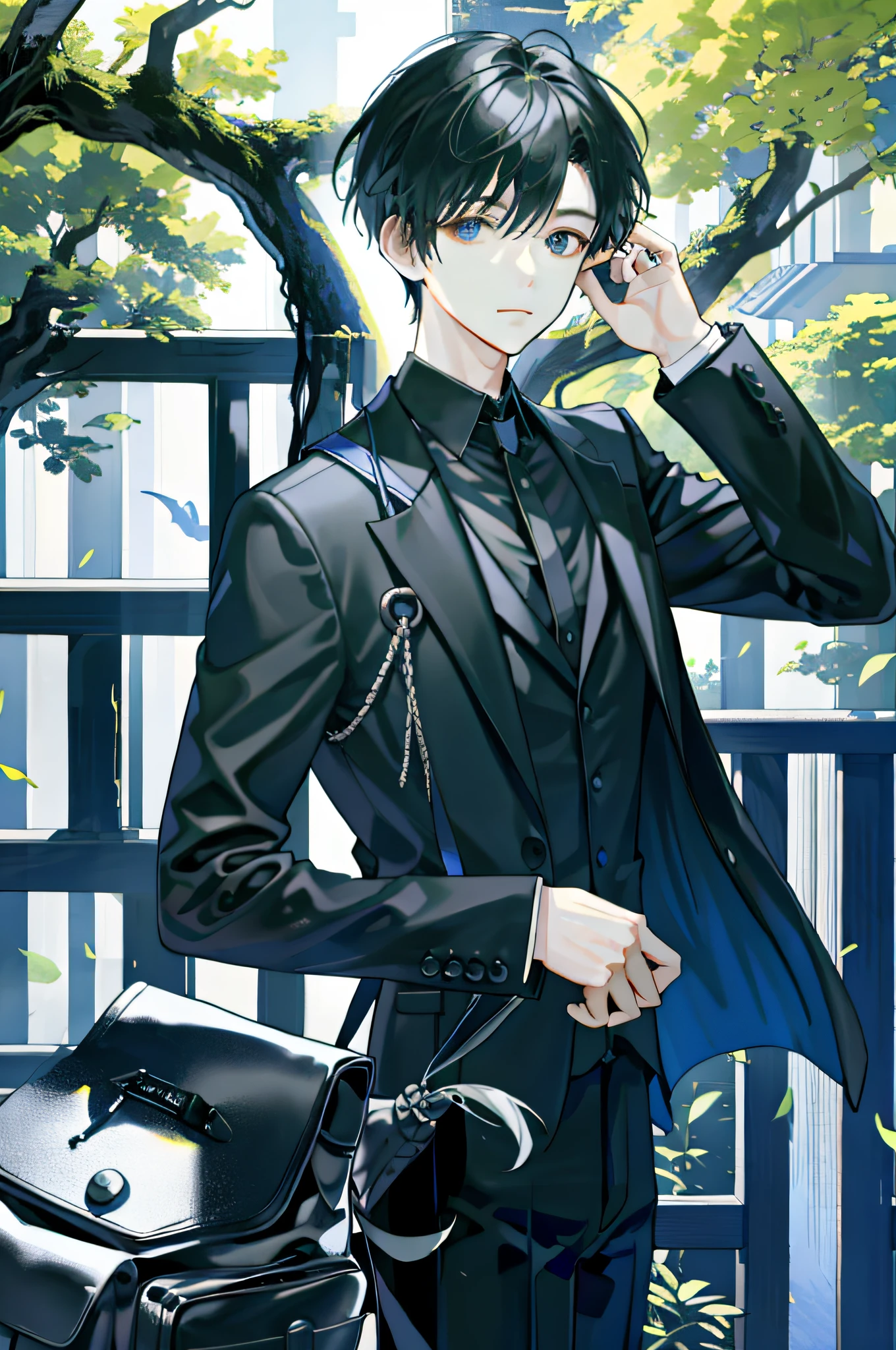 Masterpieces、maximum quality、1 、Male Focus、twink、Residential area、fence、Spindle tree、evening、After work、Black suit、backpack、From the side、Depth Of Field