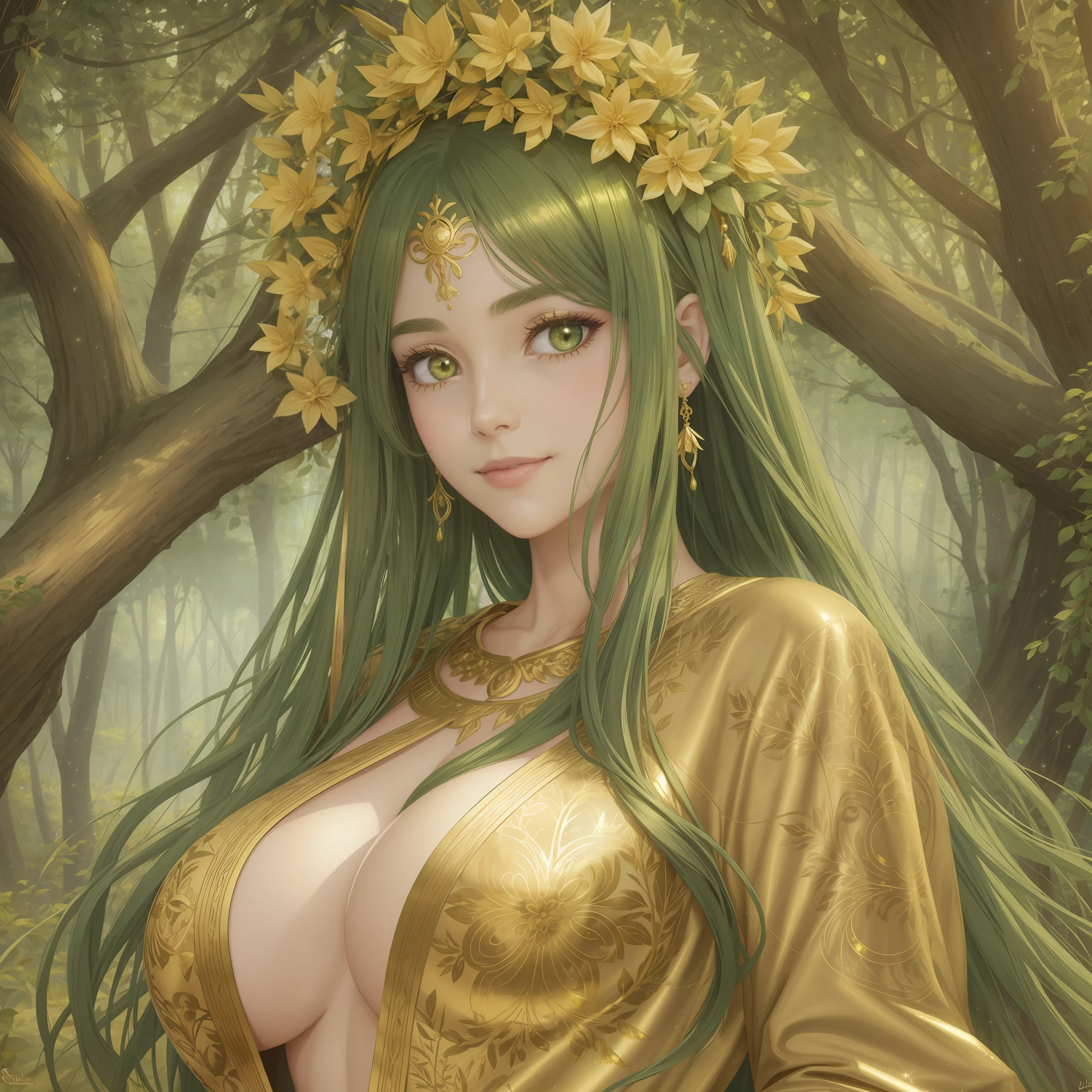 lifelike，Big sister，Long green hair，Golden eyes，Floral ornaments，garland，forests，Under the giant tree，lakes，huge tits，starlight sky，gentle，Light smile，Light gold tattoo，Golden robe，maximum quality，highest detailed --auto --s2