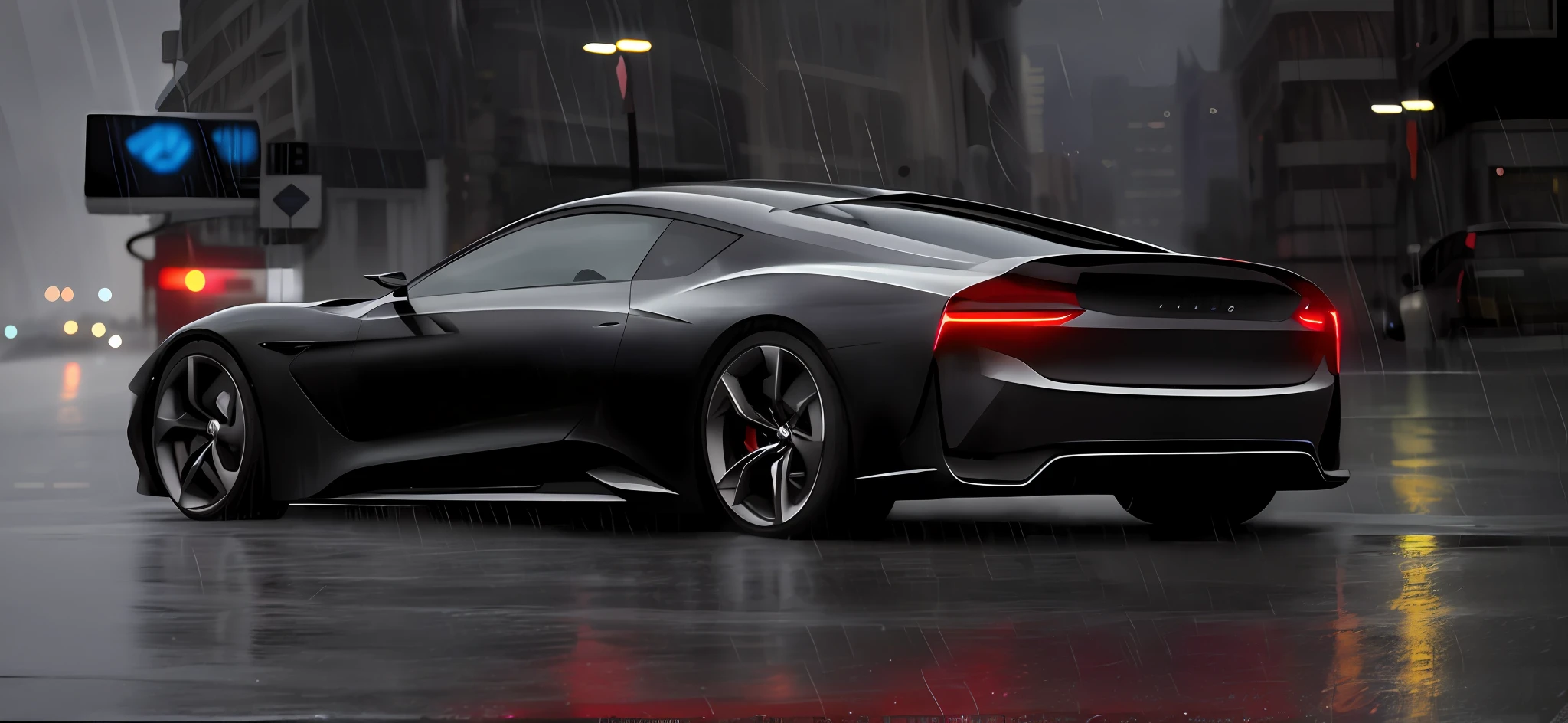 Black car,Concept car,futuristic concept car,Smooth lines,Powerful,Rendering of a futuristic supercar,The car in the picture is on a rainy street,rainstorm,Realistic rendering,Realistic light and shadow,Reflective details,city backdrop,ultrahighres,Rear side of the car,strong contrast between light and dark