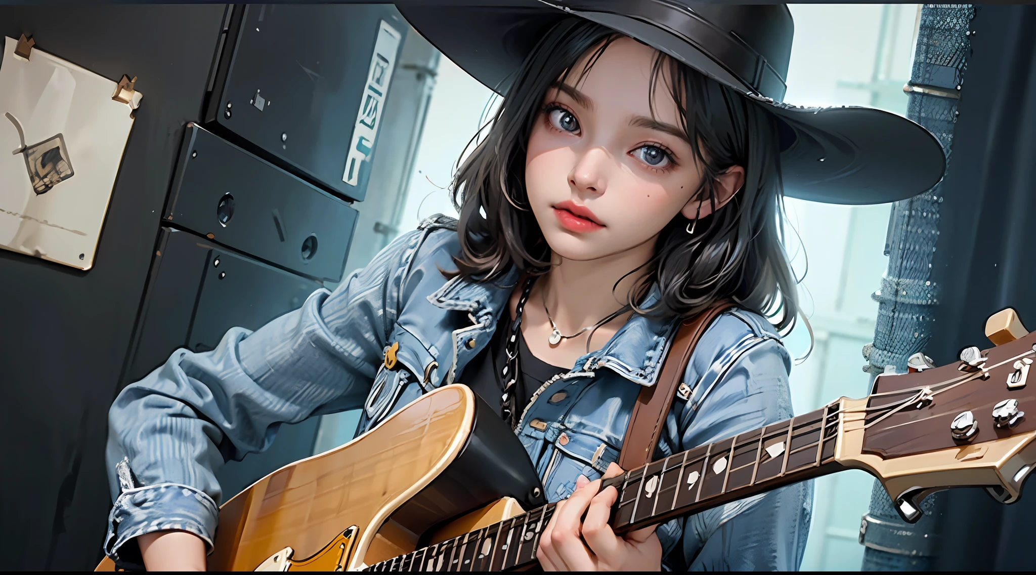 Foto de 1girl, flirting with the camera, ((cinematic lighti)), hiperdetalhe, detalhes complexos, melhor qualidade, (fundo detalhado:1.4), (rosto bonito e detalhado, lindos olhos detalhados), Alto contraste, (best lighting, extremamente delicado e bonito), (:1.5), solo, Jeans, olhos azuis, electric guitar, guitarra, fones de ouvido, segurando, palheta, instrumento, cabelo comprido, um lado para cima, loira, playing the guitar, saia plissada, jaqueta de couro preta, no campo ((caustic)), dynamic angle, corpo inteiro, tiro de cowboy, Cowboy hat, botas, Jeans, efeitos em neon, blind box toy style, Hyperrealism, 8k --auto --s2