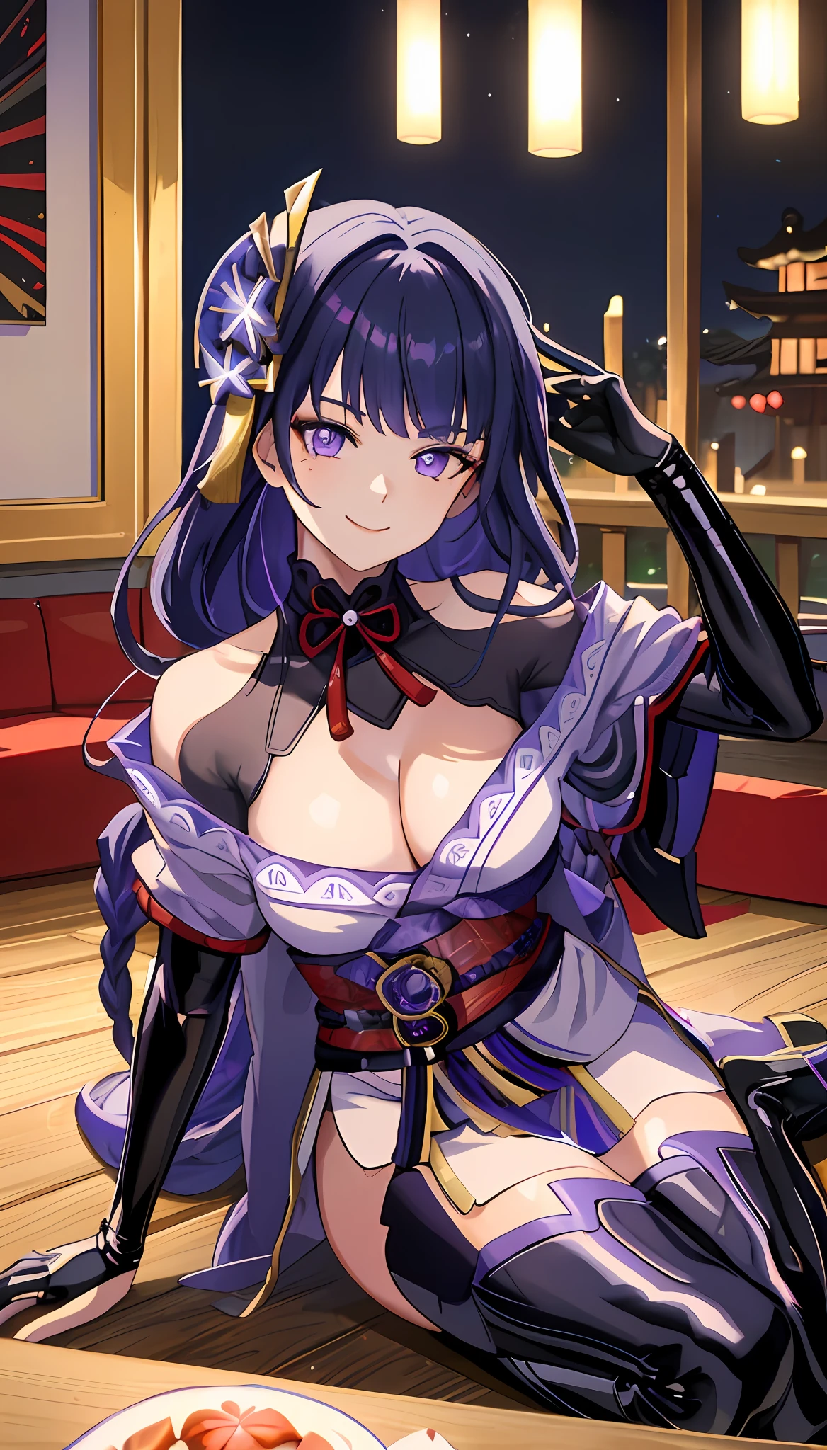 (Masterpiece), (Best quality), (Very detailed), 4k, girl, {Raiden Shogun}, Korean woman, shoulder exposure, shoulder smooth texture latex, coveted smile, anime feel, evil devil, {black painting}, {Teasing Smile},{Teasing Smile},High Quality, Clear Picture,(High Saturation),(Glowing), Best Lighting, Best Shadows,
