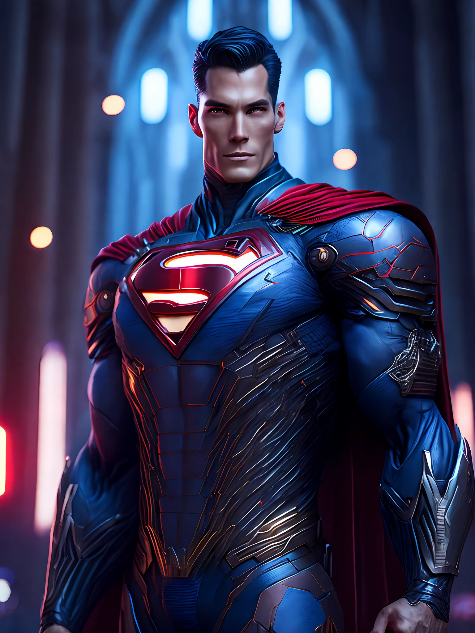 Portrait, Iron Superman from DC, biomechanical, complex robot, full growth, hyper-realistic, insane small details, extremely clean lines, cyberpunk aesthetic, masterpiece presented at Zbrush Central, gothic brutalist cathedral, cyberpunk, award-winning photo, bokeh, neon lights, cybernetic limb
