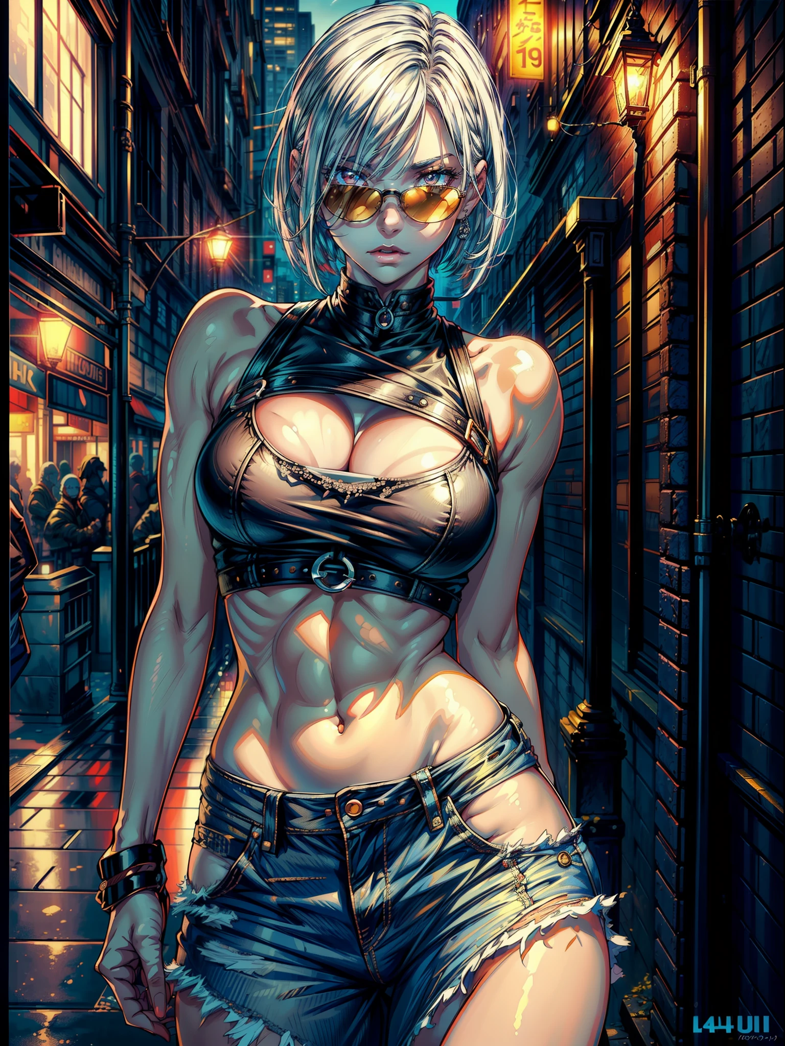 ((Best quality)), ((masterpiece)), ((highly intricate details)),beautiful, high quality, highres, absurdres, light difussion, intricate details, complex details, ((anime)), (anime:1.2) , (perfect face:1.3), extreme detailed eyes, colorful, highest detailed, vibrant colors, high contrast, (8K UHD:1.2), (photorealistic:1.2),(masterpiece:1.4), (best quality:1.4),extremely detailed wallpaper, highly detailed illustrations, ((1 Girl)), (best lighting) , (super-complex details) , 4K unified, (super-detailed CG: 1.2) , (8K: 1.2),(original), (masterpiece) , (best quality) , (reality: 1.3) , photorealistic, Octane rendering, (surreal: 1.2) ,((masterpiece:1.4, best quality:1.2)), ((solo focus)), 1girl with a shot bob cut hair, white hair, red eyes, large breasts, wide hips, toned, wearing yellow tank top, baggy jeans, sunglasses, biker clothes, biker, leaning on wall, cityscape, city scenery, scenery, 1980s \(style\), gloom \(expression\), ((night)),