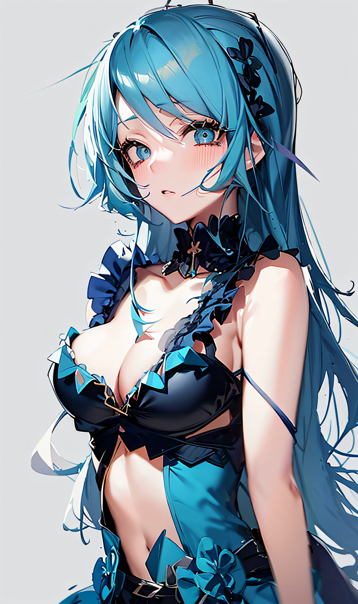 a drawing of a woman with blue hair and a bra top, colored sketch anime manga panel, seductive anime girl, colored sketch, sketchy artstyle, paint tool sai!! blue, mikudayo, flat anime style shading, colorful sketch, 2 d anime style, in dress, anime girl with teal hair, painted in anime painter studio, small curvy loli