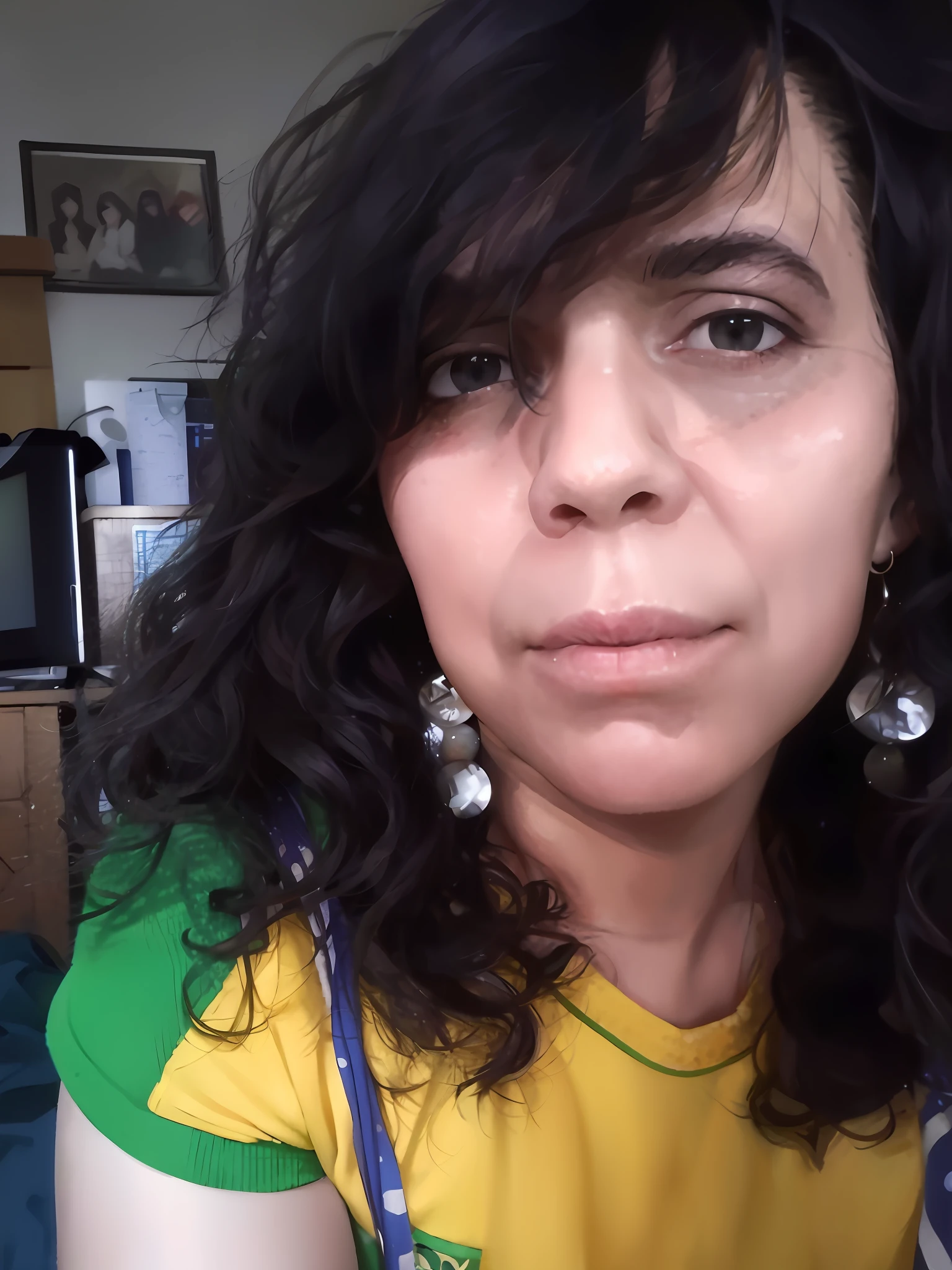 mulher com longos cabelos pretos vestindo uma camisa amarela e camisa verde e amarela, 3 5 year brazilian mother, brincos enormes e maquiagem queer, inspirado em Maria Helena Vieira da Silva, inspired by Almada Negreiros, imagem de perfil, Direction: Nandor Soldier, taken in the early 2020s, Parece Fabiula Nascimento --auto --s2