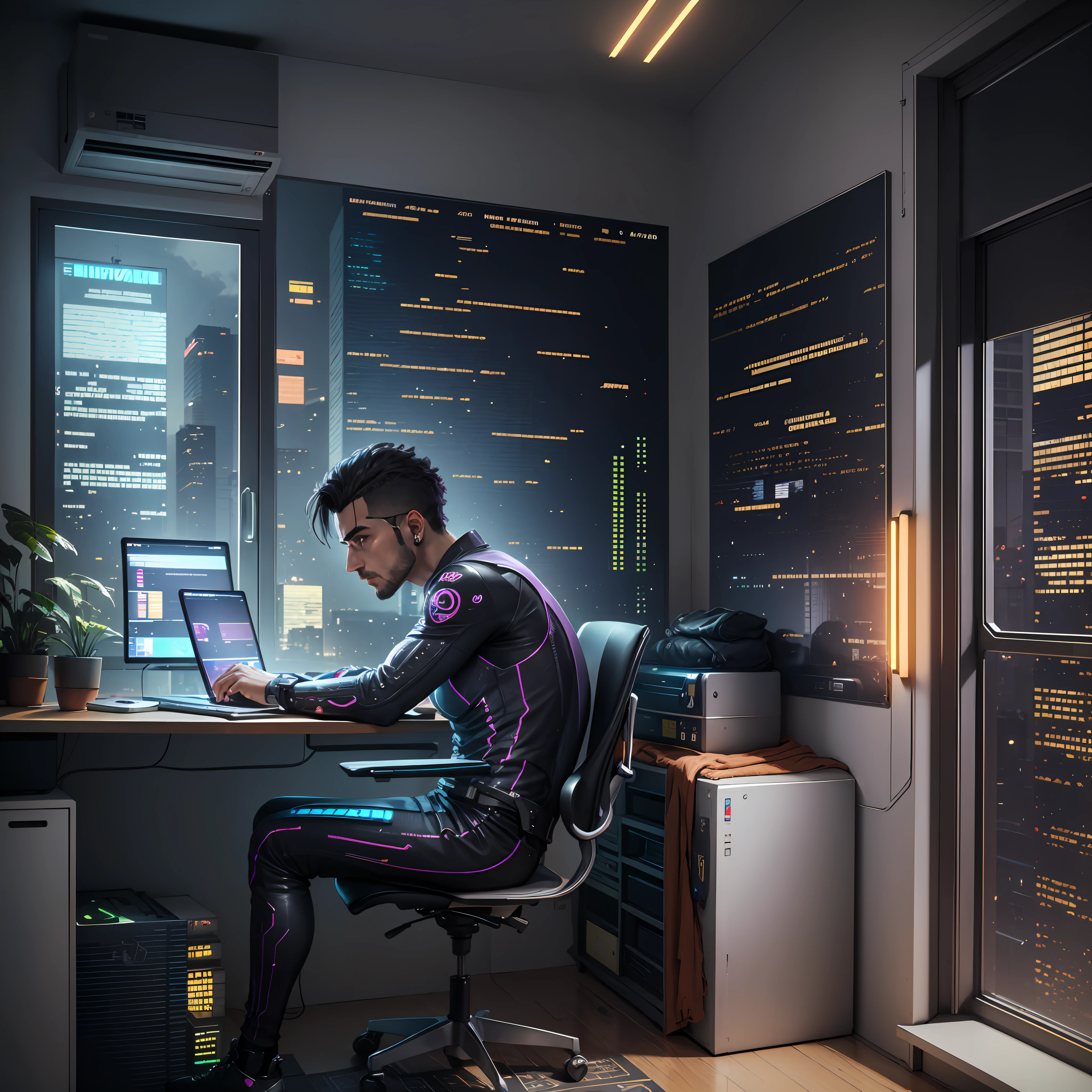 Homem Programador python, cyberpunk, dentro de um apartamento, olhando pelas janelas de vidro, cidade futurista, olhar estrategista, laptop, cinematic, ultra realista, altamente detalhado (obra prima) --auto --s2
