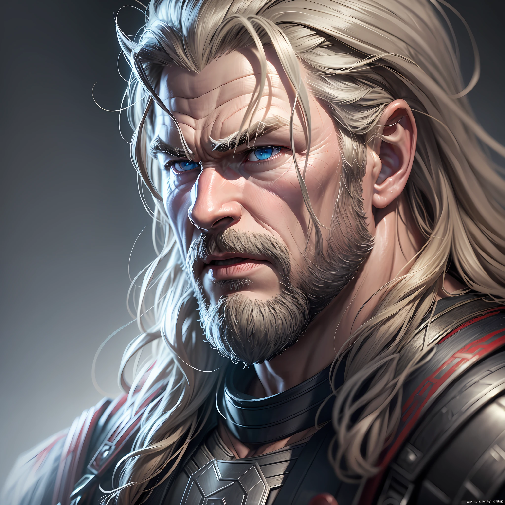 Marvel, Old man Thor, Chris Hemsworth, realistically, dynamic lights, old, gray unshaven, full shot, (extremely detailed 8k CG unit wallpaper), trend on ArtStation, trend on CGSociety, high detail, sharp focus, dramatic, photorealistic --auto --s2
