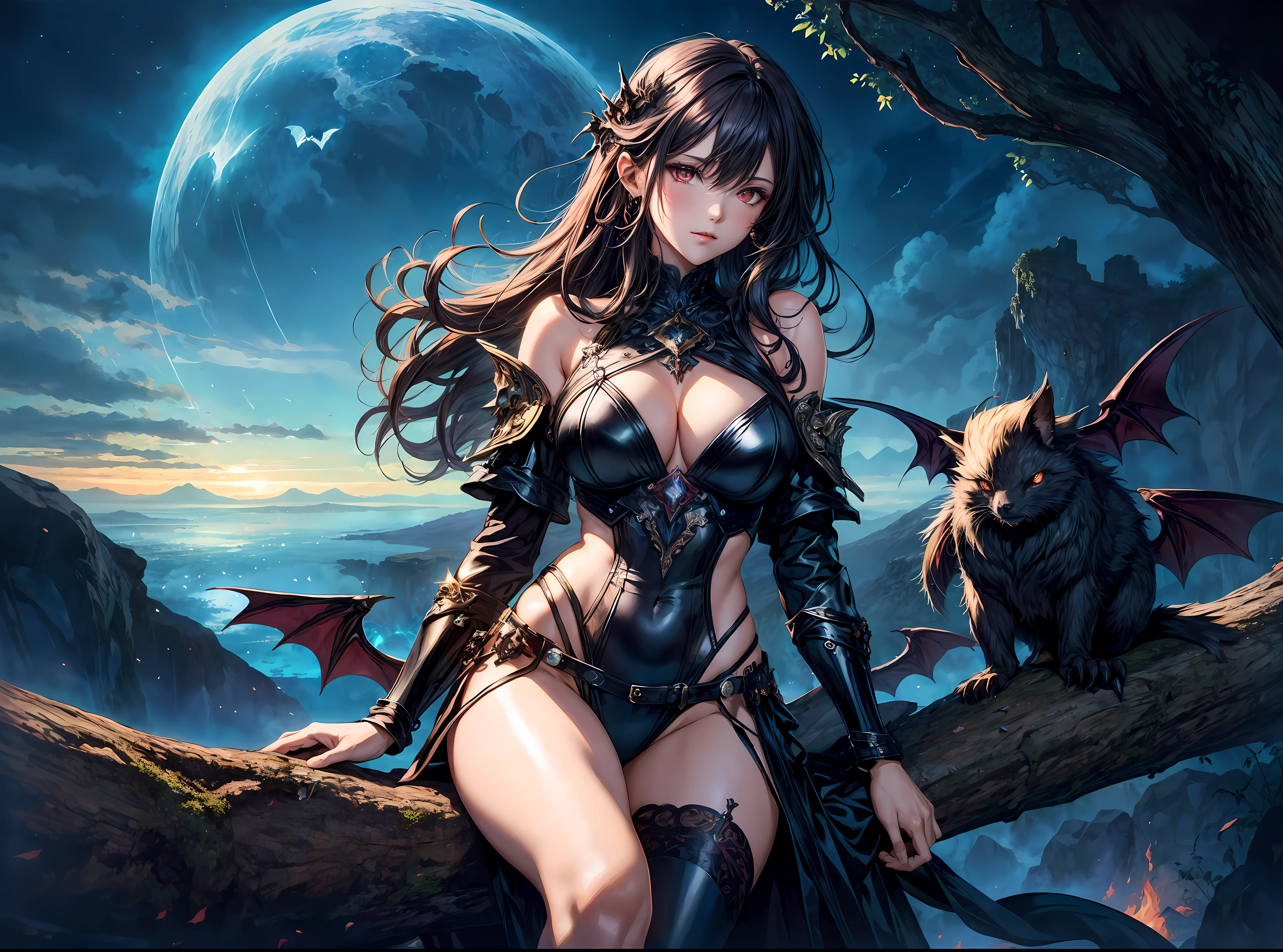 ((best quality)), ((masterpiece)), (detailed), realistic eyes, black hair, black leather outfit, armor, evil landscape, alluring succubus, BREAK ethereal beauty, sitting on a dead tree, (fantasy illustration:1.3), enchanting gaze, captivating pose, solo girl, otherworldly charm, mystical sky, BREAK (Luis Royo:1.2), (Yoshitaka Amano:1.1), moonlit night, soft colors, (detailed cloudscape:1.3), (high-resolution:1.2) (a lot of bats flying in the sky in the background), thong, BREAK legs dangling above lava, evil goddess, realistic, realism, sexy body, glowing torches, long leges, skinny sexy body, perfect exposed boobs, tattoos