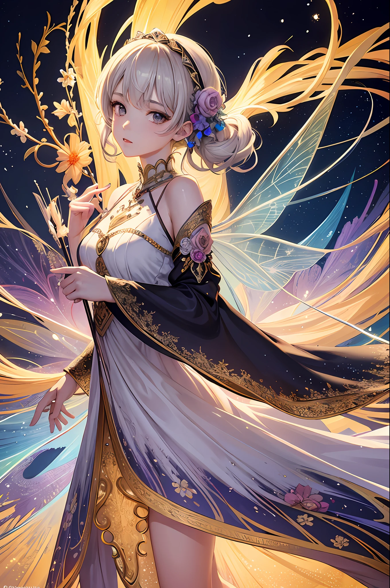 (a masterpiece,top quality,Bestquality,Official Art,Beauty and aesthetics:1.2),(1girl),light painting,(long exposure:1.2),dynamic streaks,extremely detailed,(fractal art:1.3),colorfully,Most detailed,Chiffon dress,jewelry,floral,a fairy,All over body