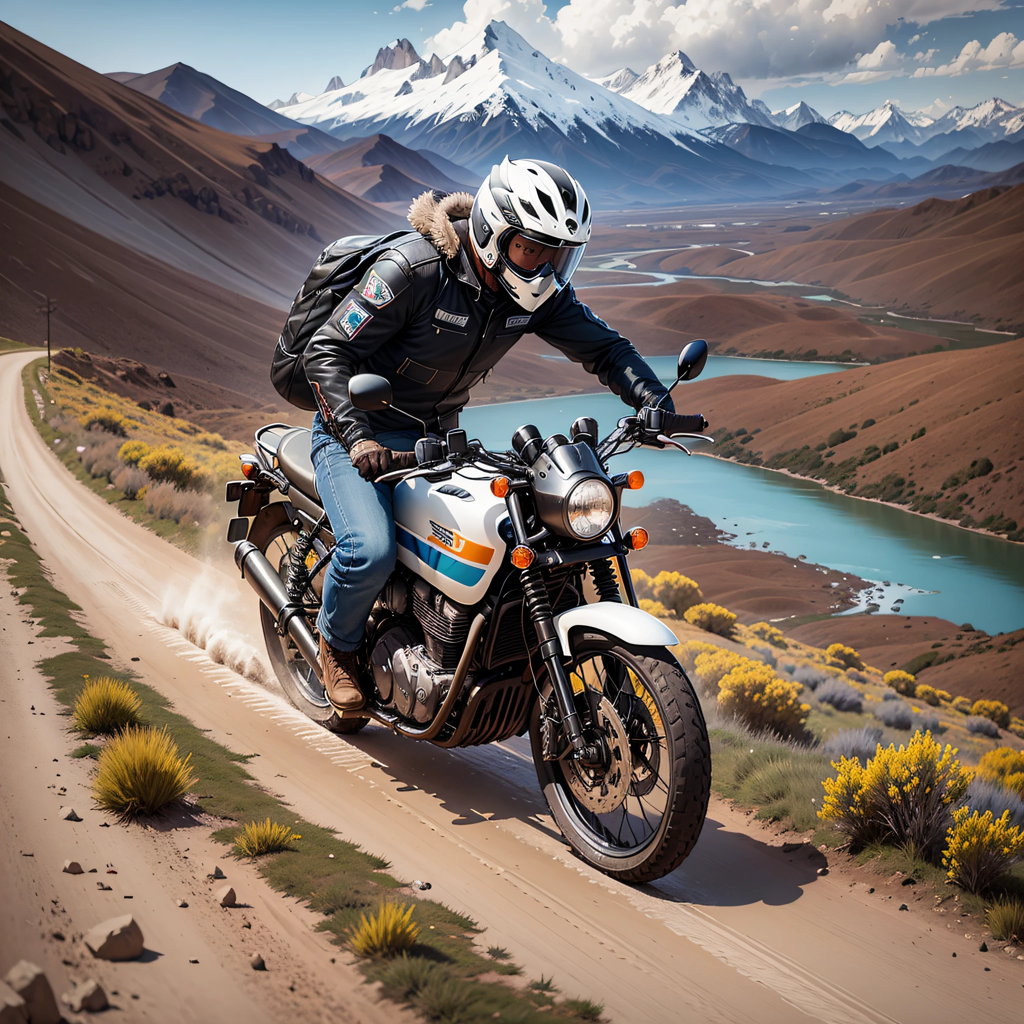 Create a painting of a lonely man riding a motorcycle in the Argentine Andes, Near Patagonia.. I need snow spikes to appear. --auto --s2