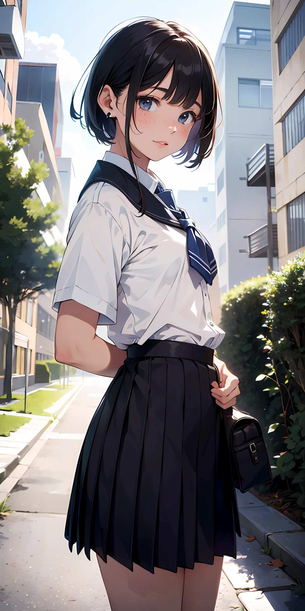 (school uniform:1.5),check pleats skirt, (public housing complexes), in the courtyard, night, cinematic lighting, light on face,  1Japanese high school girl, upper body, facial close-up, playful pose, Orthodontics, (freckles),(short bob hair:1.5), blunt bangs, Put her hair up,smile, (8k, RAW photo, best quality, masterpiece:1.2),(realistic, photo-realistic:1.37), shot on CineStill 800T, (small chest),
LoRA 1 Model: hipoly_3d_model_lora_f16.ckpt, LoRA 1 Weight: 0.1, LoRA 2 Model: epi_noiseoffset_v2_lora_f16.ckpt, LoRA 2 Weight: 0.2