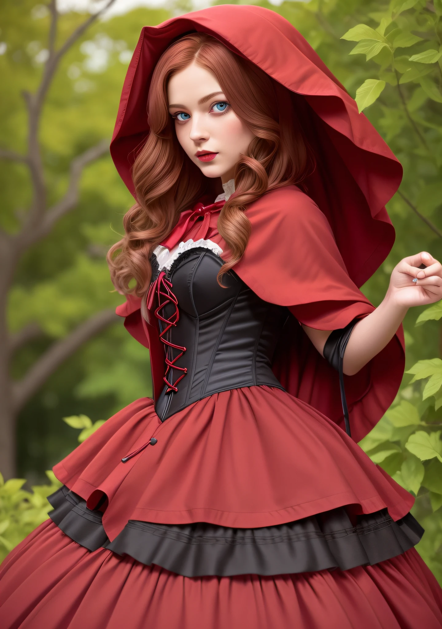 "red hood, cape, corset, dress, red skirt | fruit basket | detailed face, detailed eyes, detailed lips, detailed eyelashes, nice hands:1.2, good hands:1.2, BlueEyes:1.1, RedHoodWaifu:1.2"