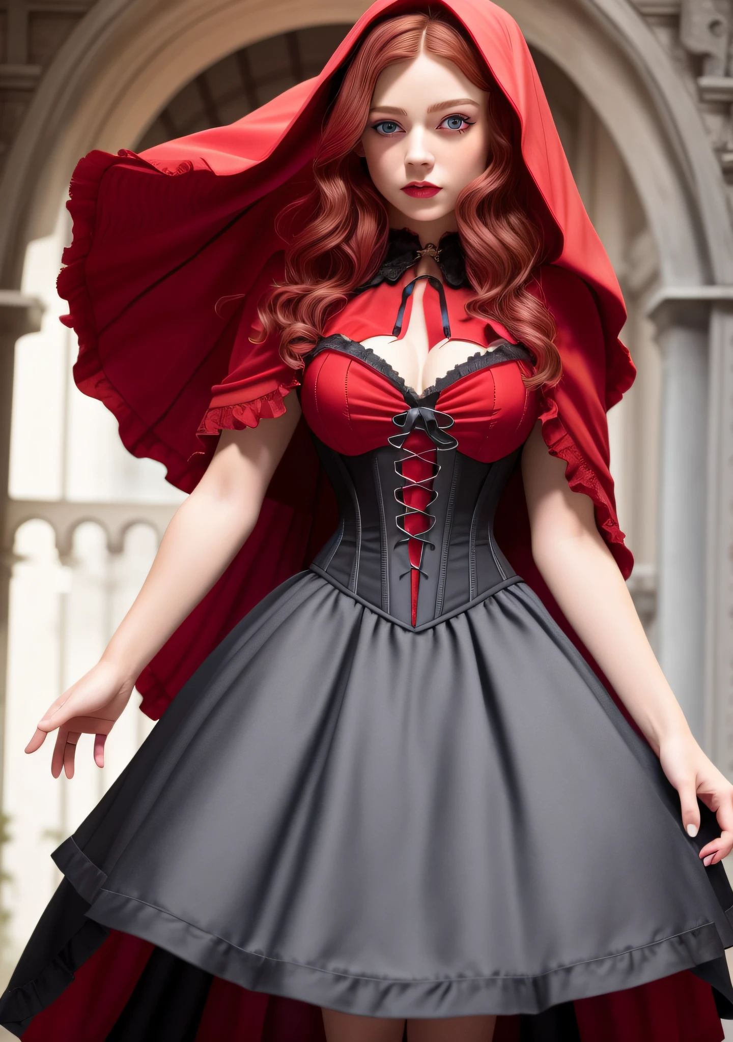 "red hood, cape, corset, dress, red skirt | fruit basket | detailed face, detailed eyes, detailed lips, detailed eyelashes, nice hands:1.2, good hands:1.2, BlueEyes:1.1, RedHoodWaifu:1.2"