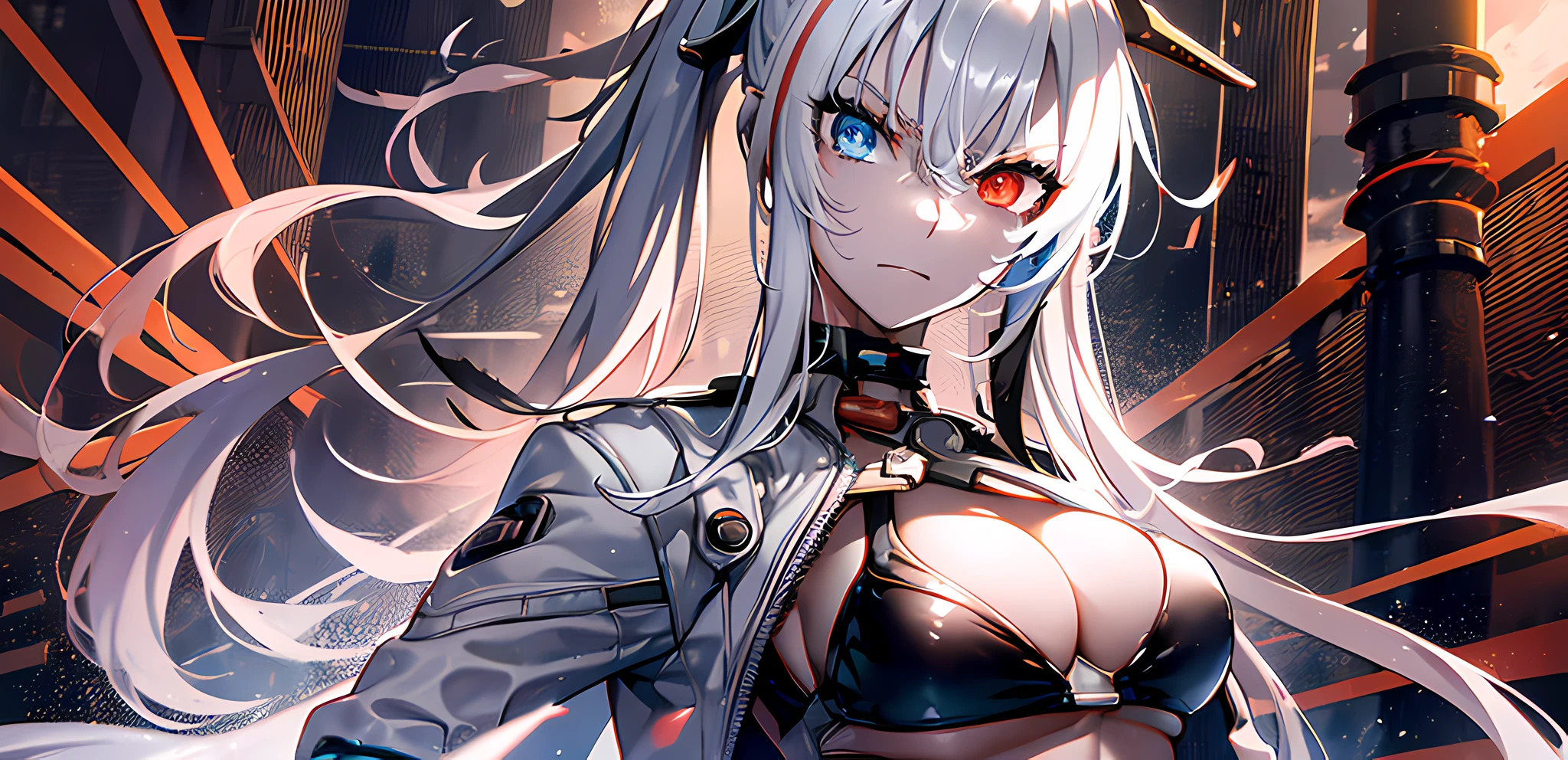 (burning city in the background:1.2), blurry background, looking forward full body, silver hair, long ponytail, white jacket open, black bikini, visible abdomen, photo from the waist up, volumetric lighting, white jacket, red katana on the back, multicolored eyes, (blue and red heterochromia1.4), detailed eyes, hyper detailed, serious face, slightly irritated, highly detailed, beautiful, small details, ultra detailed, best quality, intricate, hyper-realism, sharp, digital illustration, detailed, realism, intricate, 4k, 8k, trends in the arts station, good anatomy, beautiful lighting, award-winning, photorealistic, realistic shadows, realistic lighting, beautiful lighting, raytracing, intricate details, grumpy, rule of thirds, masterpiece, (illustration: 1.1), high resolution, (extremely detailed CG, unit, wallpaper 8k: 1.1), beautiful face, highly detailed face, ultra realistic, masterpiece, bokeh, extremely detailed, intricate, abdomen, small breasts, thin, colorful, vibrant colors, front view, small breasts, abdomen