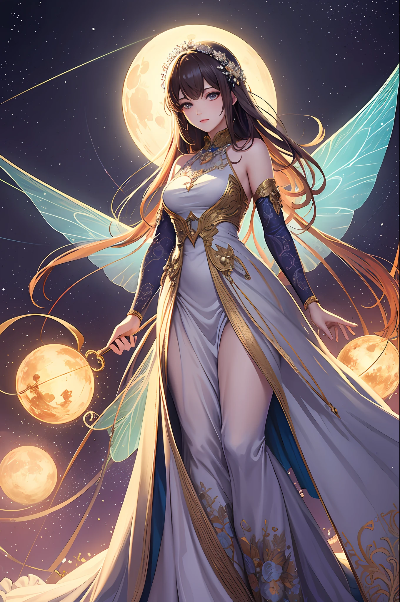 （a masterpiece，Top Quality，Bestquality，Official Art，Beauty and aesthetics：1.2），（1 girl），light painting，（long exposure：1.2），dynamic streaks，extremely detailed，（fractal art：1.3 pcs），colorfully，Most detailed,Chiffon dress,jewelry,floral,a fairy,All over body，Moon rings