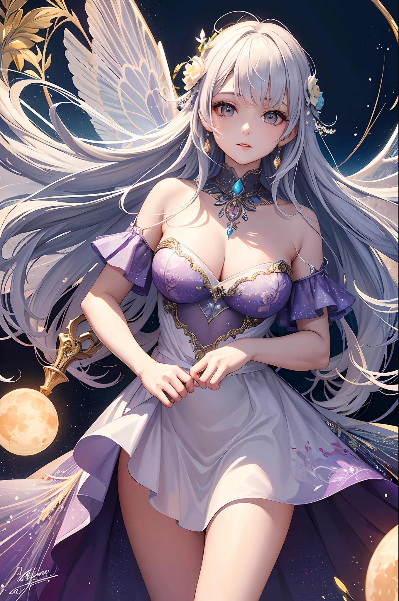 (a masterpiece,Top Quality,Bestquality,Official Art,Beauty and aesthetics:1.2),(1 girl),light painting,(long exposure:1.2),dynamic streaks,extremely detailed,(fractal art:1.3 pcs),colorfully,Most detailed,Chiffon dress,jewelry,floral,a fairy,All over body,Moon rings