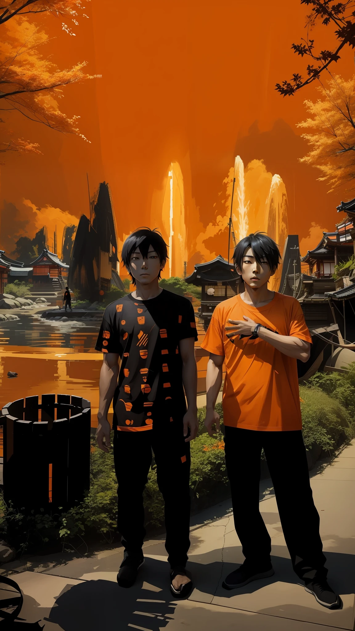 A Japanese man in an orange T-shirt, a Japanese boy in a black T-shirt, anime in artistic form.