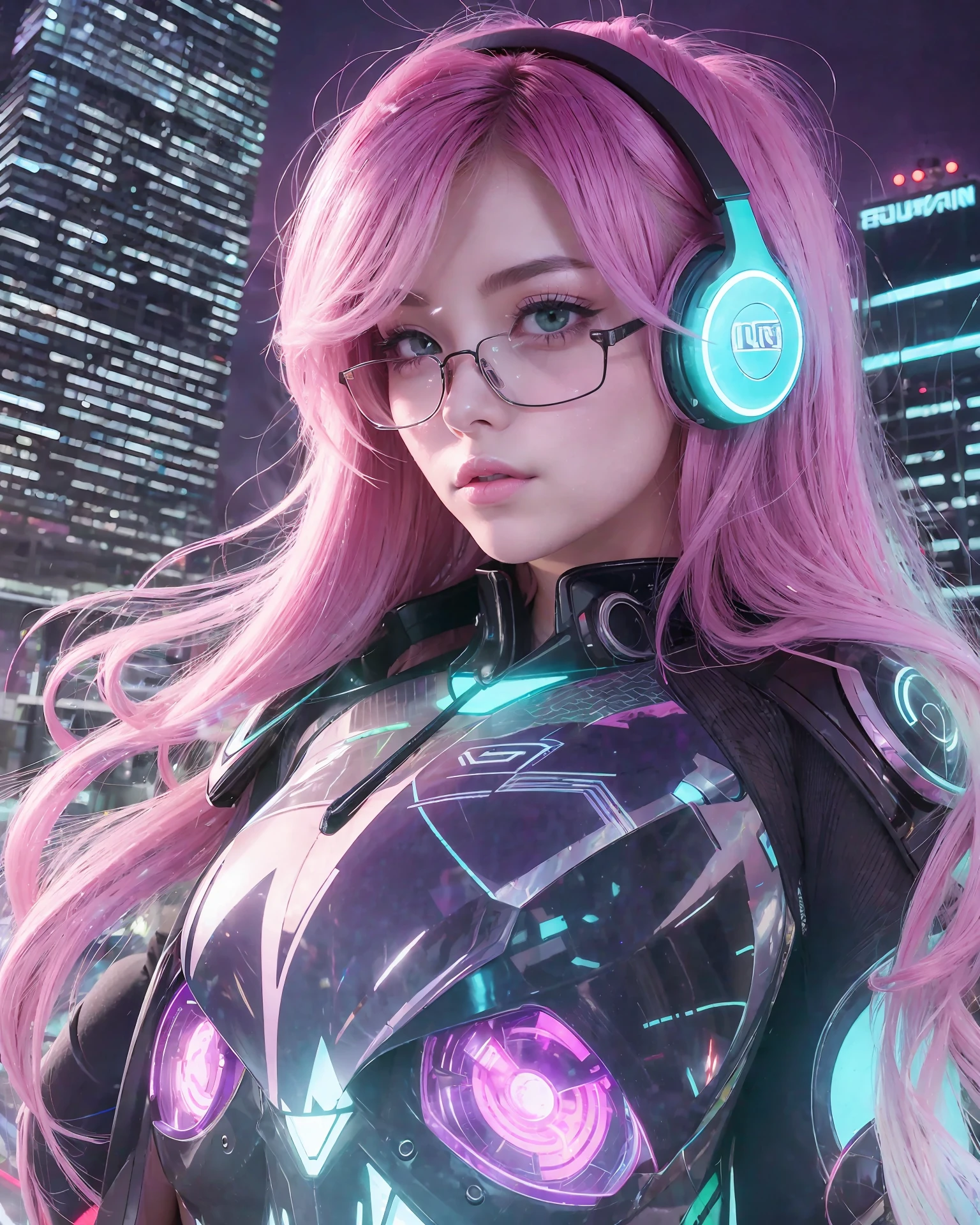 a futuristic female figure with an elegant and expressive face. The woman is wearing large, fashionable headphones that wrap snugly around her ears. The earcups feature futuristic accents and are illuminated by soft, pulsing lights in vibrant colors such as electric blue, shimmering purple and neon pink. The woman's face has radiant, smooth skin with a subtle glow. Her eyes, which express calm and focus, are partially hidden by a pair of stylish glasses. The glasses have a slim, sleek frame with silver metallic accents. The lenses of the glasses have a slightly bluish tone, complementing the vibrant colors present in the image. The woman has long, flowing hair with a modern, futuristic style. Her hair is lightly illuminated by strands of neon light, which run softly in shades of blue and pink, creating an ethereal, magical effect. The hair falls gracefully over the woman's shoulders, adding a touch of lightness and movement to the scene. In the background, there is an urban atmosphere with elements of neon lights and silhouettes of skyscrapers in dark tones. Neon lights shine brightly, creating a vibrant and mysterious aura. These lights form abstract geometric patterns, in colors such as neon green, bright yellow and intense orange, providing a striking contrast to the night sky. The image conveys a sense of modernity, tranquility and immersion in the world of lo-fi music. It perfectly represents the relaxing and mesmerizing atmosphere of your channel, inviting viewers to get lost in the soft, enveloping beats. --auto --s2