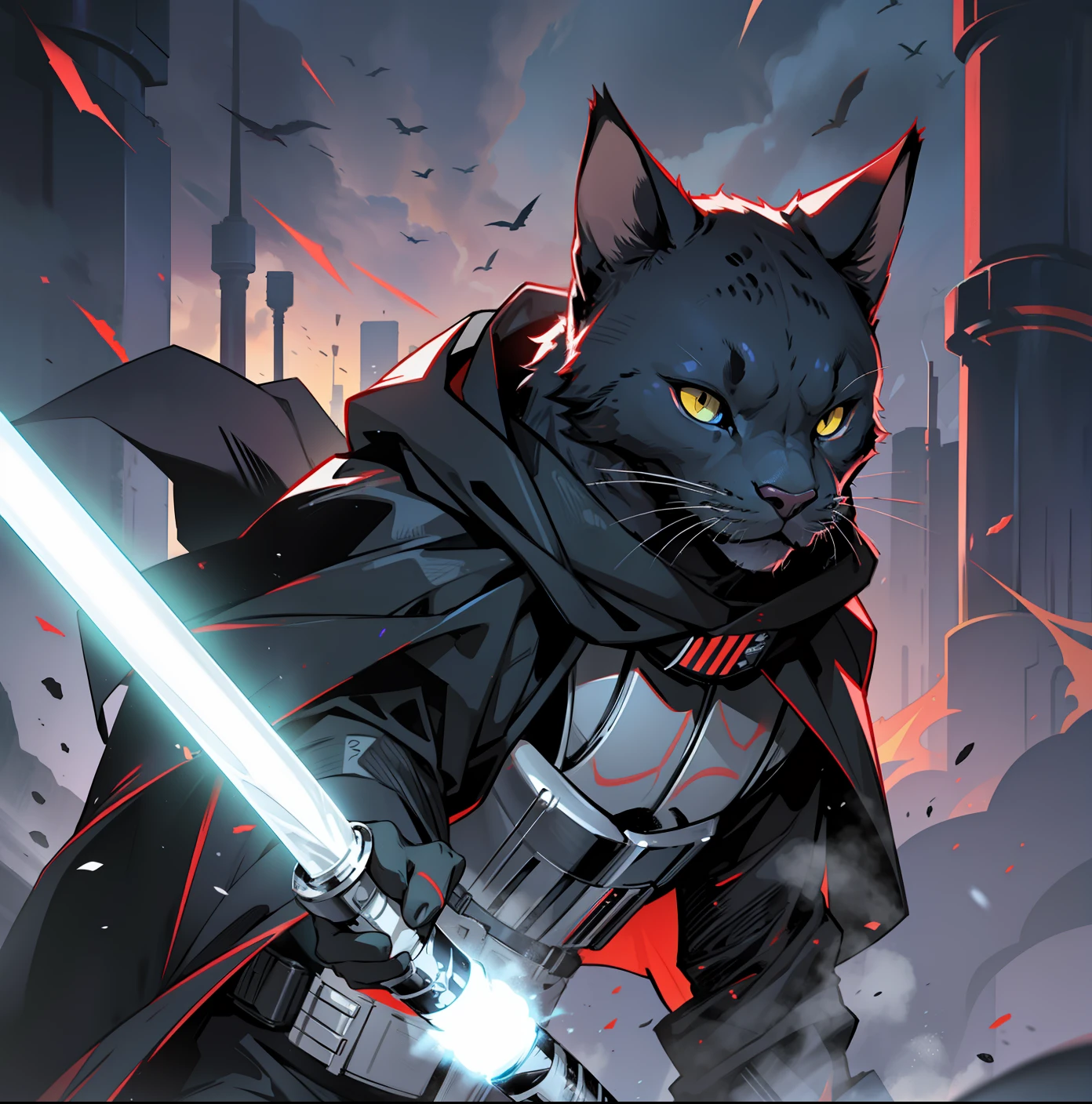 Crie uma arte digital de um gato vestido de darth vader, segurando um sabre de luz vermelho