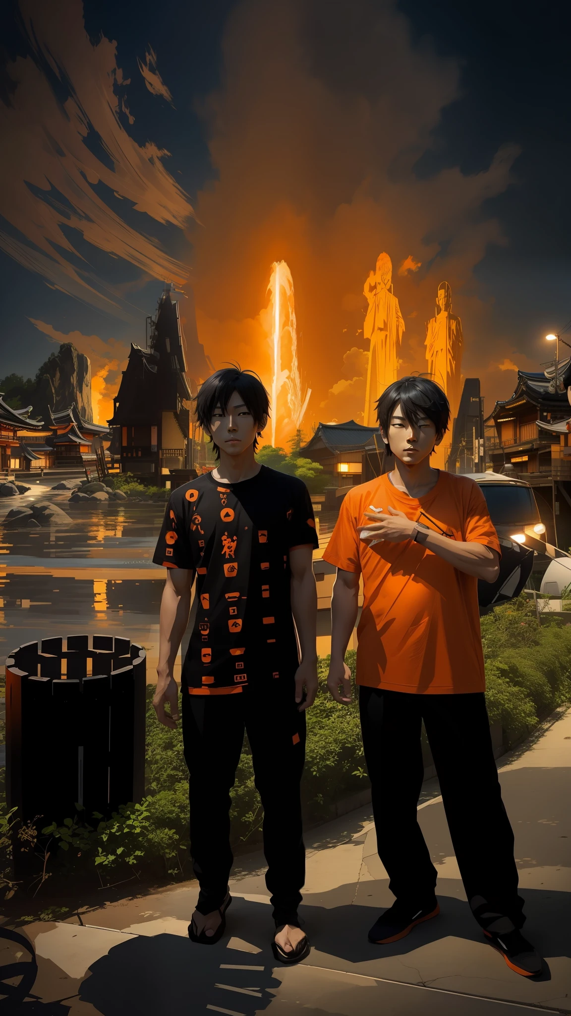 A Japanese man in an orange T-shirt, a Japanese boy in a black T-shirt, anime in artistic form.