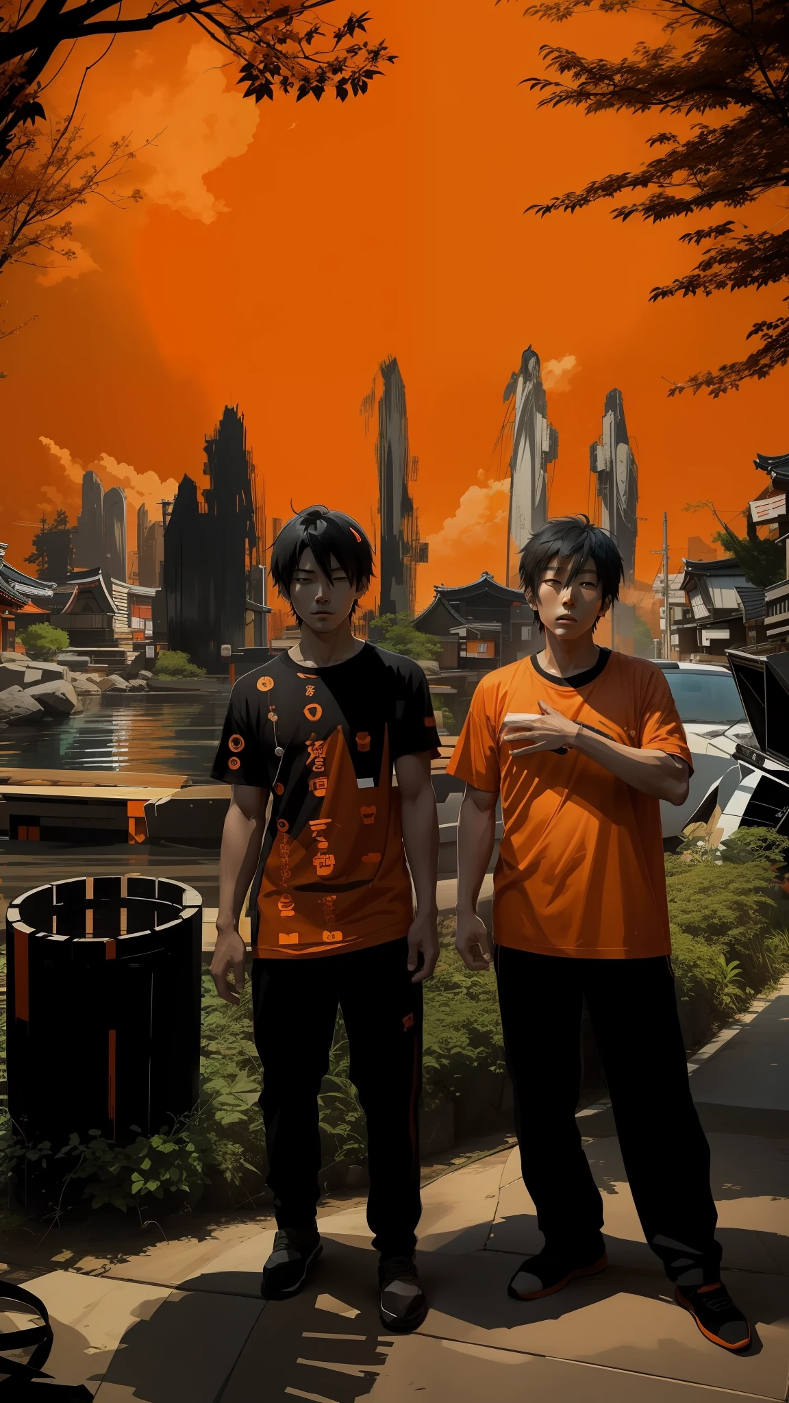 A Japanese man in an orange T-shirt, a Japanese boy in a black T-shirt, anime in artistic form.