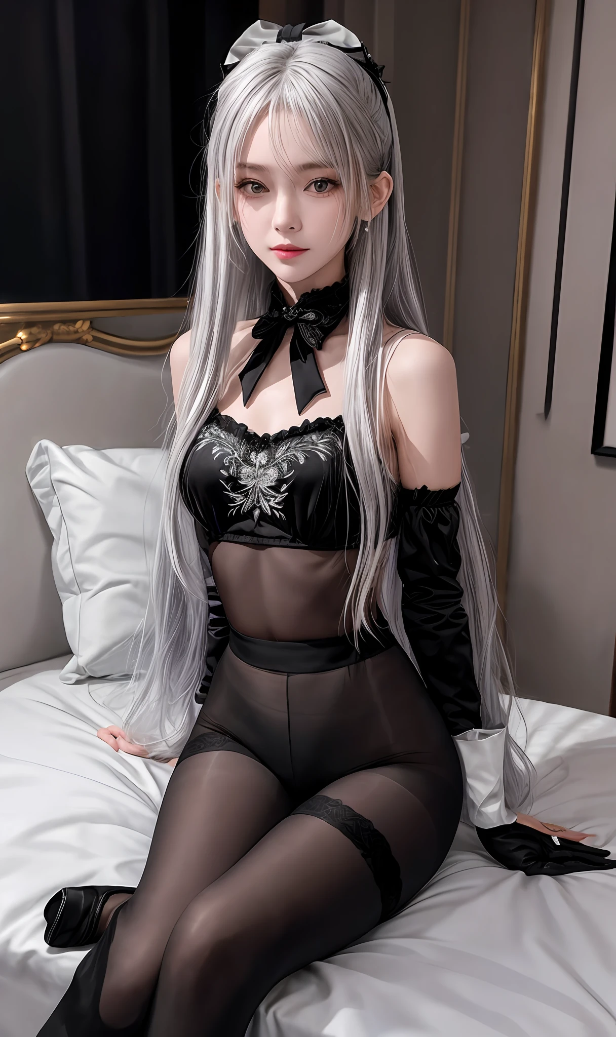 (((1 girl)),ray tracing,(dim lighting),[detailed background (bedroom)),((silver hair)),((silver hair)),(Fluffy silver hair, plump slender girl)) with high ponytail)))) Avoid blonde eyes in the ominous bedroom ((((Girl wears intricately embroidered black high-waisted pants with pantyhose) and white ruffled bow gloves), showing a delicate slim figure and graceful curves, correct limbs, sitting on the bed