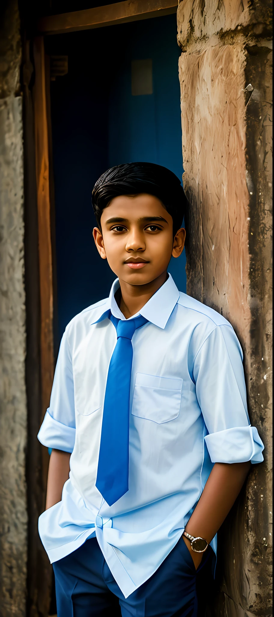 there is a young boy wearing a blue shirt and a blue tie, jayison devadas, riyahd cassiem, young commoner, vinayak, young boy, portait image, ayan nag, vastayan, ismail, aged 13, student, mohamed chahin, around 1 9 years old, protrait, boy with neutral face, full protrait