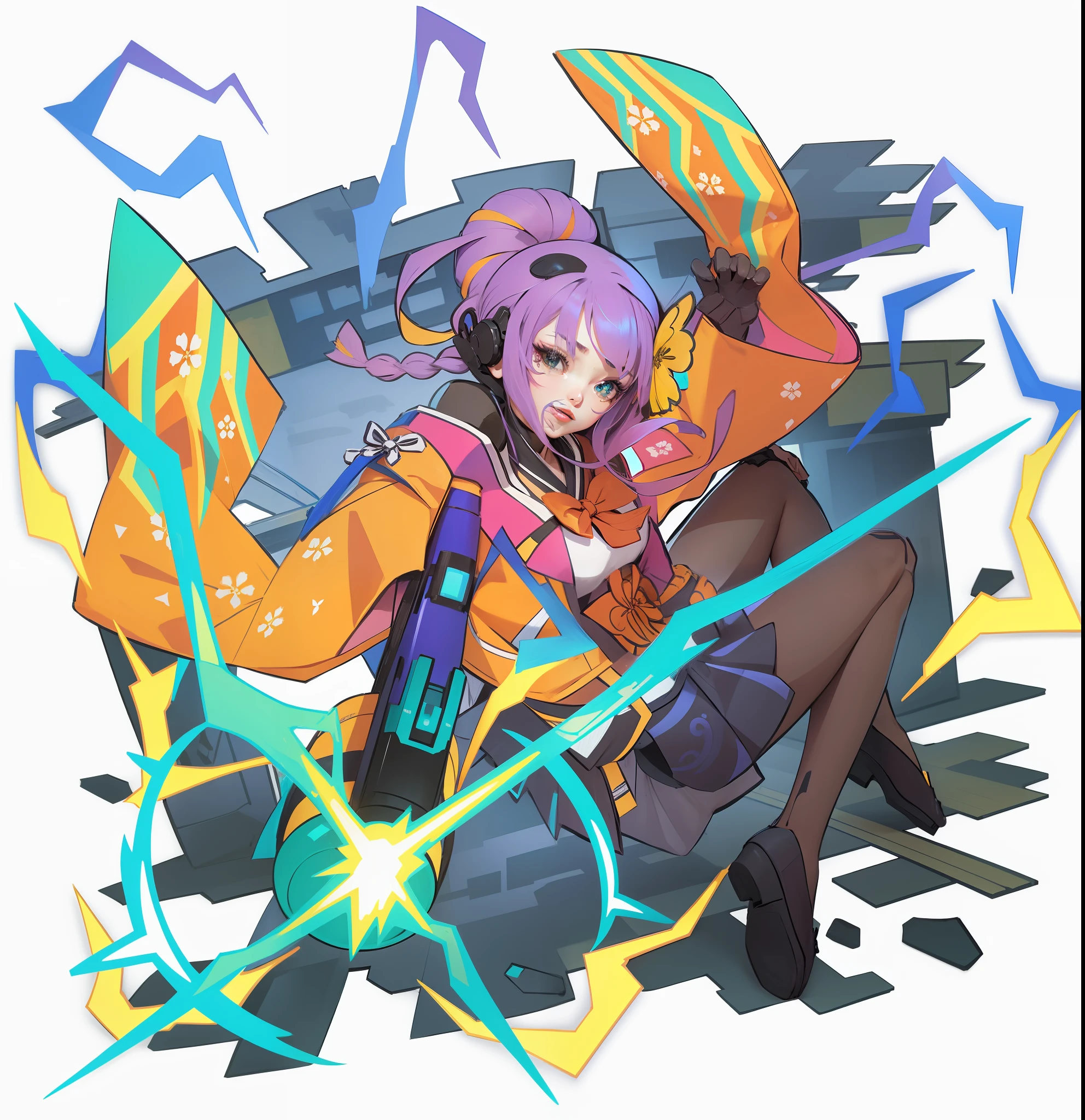 Royal blue hair color machine girl human black silk kimono current dark background