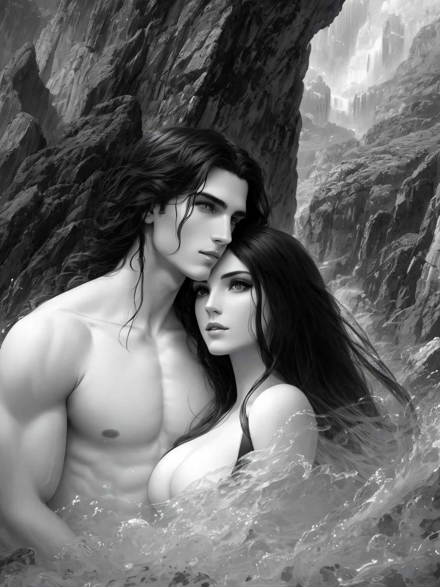 a black and white photo of a man and a woman in the water, Charlie Bowater e Artgeem, Darius Zawadzki e Tom Bagshaw, Charlie Bowater e Tom Bagshaw, Edmund Blair e Charlie Bowater, Asya Yoranova e Alan Lee, capa de romance, fantasia vampiros, humanoides peludos bonitos, arte de fantasia digital )