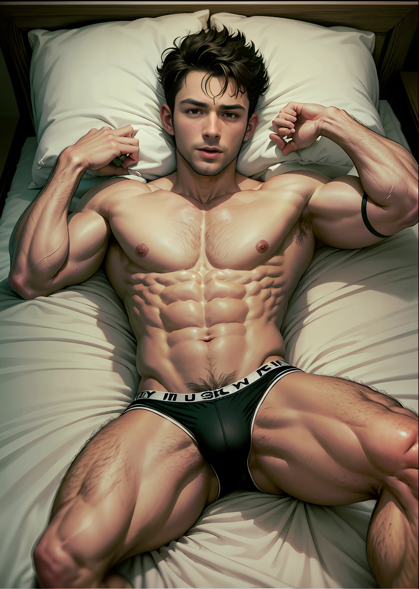 Handsome man in jockstrap, on a bed. Top view , expression of ecstasy