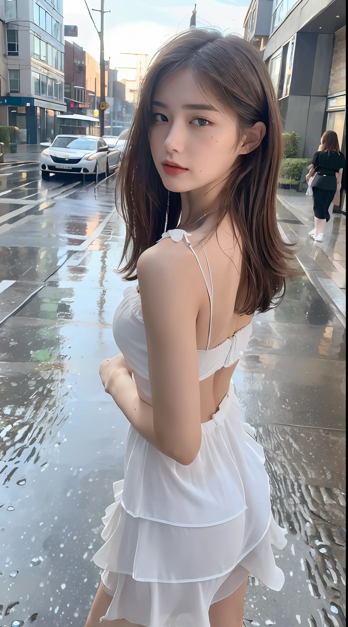 ((Best Quality, 8K, Masterpiece:1.3)), Focus:1.2, Perfect Body Beauty:1.4, Buttocks:1.2, (Layered Haircut:1.2)), (Rain, Street:1.3), Bandeau Dress:1.1, Highly Detailed Face and Skin Texture, Delicate Eyes, Double Eyelids, Whitened Skin, Long Hair, (Round Face: 1.5)