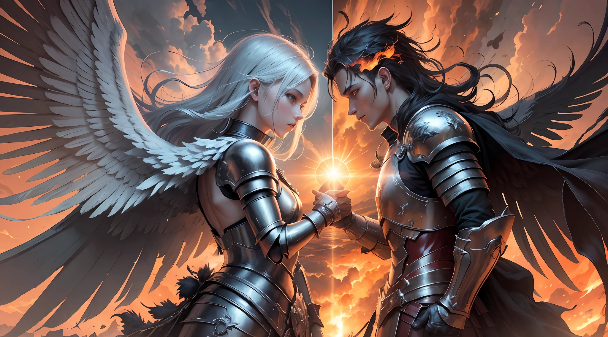 Split image, on one side the sun and open skies with an angel of god wearing armor, on the other the closed sky and flames in the background and a demon, both looking at each other, split image, contrast, contradiction, masterpiece, hyper-detailed, hyper-realistic, best quality, 16K