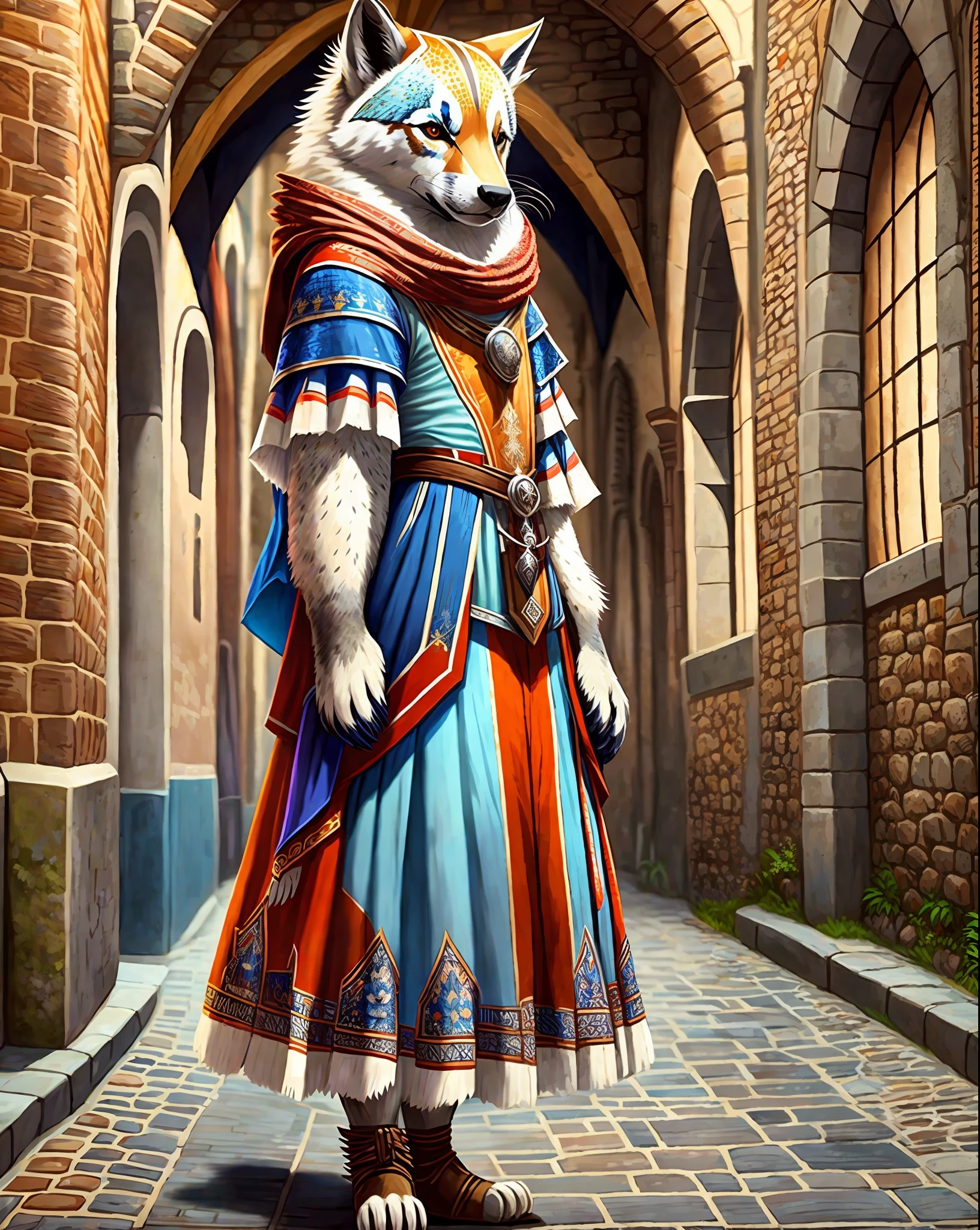UM LOBO ANIMAL MUITO LINDO E VESTIDO COM ROUPAS COLORIDAS EM UMA CIDADE MEDIEVAL --auto --s2