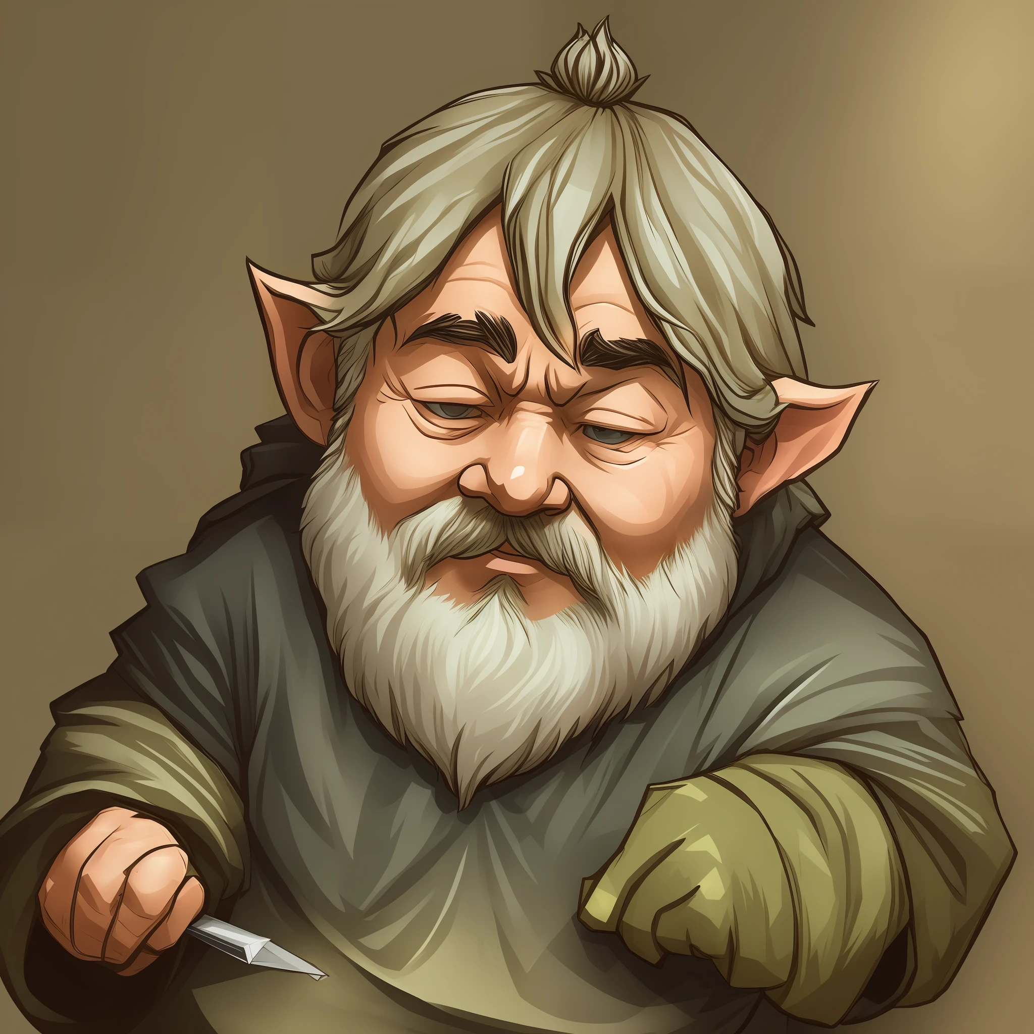 A sloppy-looking, sleepy-looking gnome. He's short and chubby, com uma barba longa e emaranhada que esconde parcialmente seu rosto sonolento. His small, sleepy eyes are a yellowish tint. He wears potion-stained robes and has a perpetually sleepy expression. --auto --s2