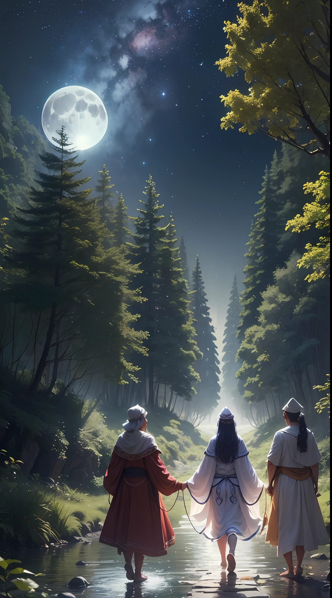 Create an ultra realistic 8k image of a group of people walking through a dense forest, next to a river. Their hearts glow in different colors, lighting the way. In the background, you can see a starry sky and a full moon. In the upper right corner, there is a symbol that represents the union of the doctrines of kardecism, umbanda and holistic therapy. At the bottom of the image, there is a phrase that says: 'Let's move forward together, with courage and determination.' --auto --s2