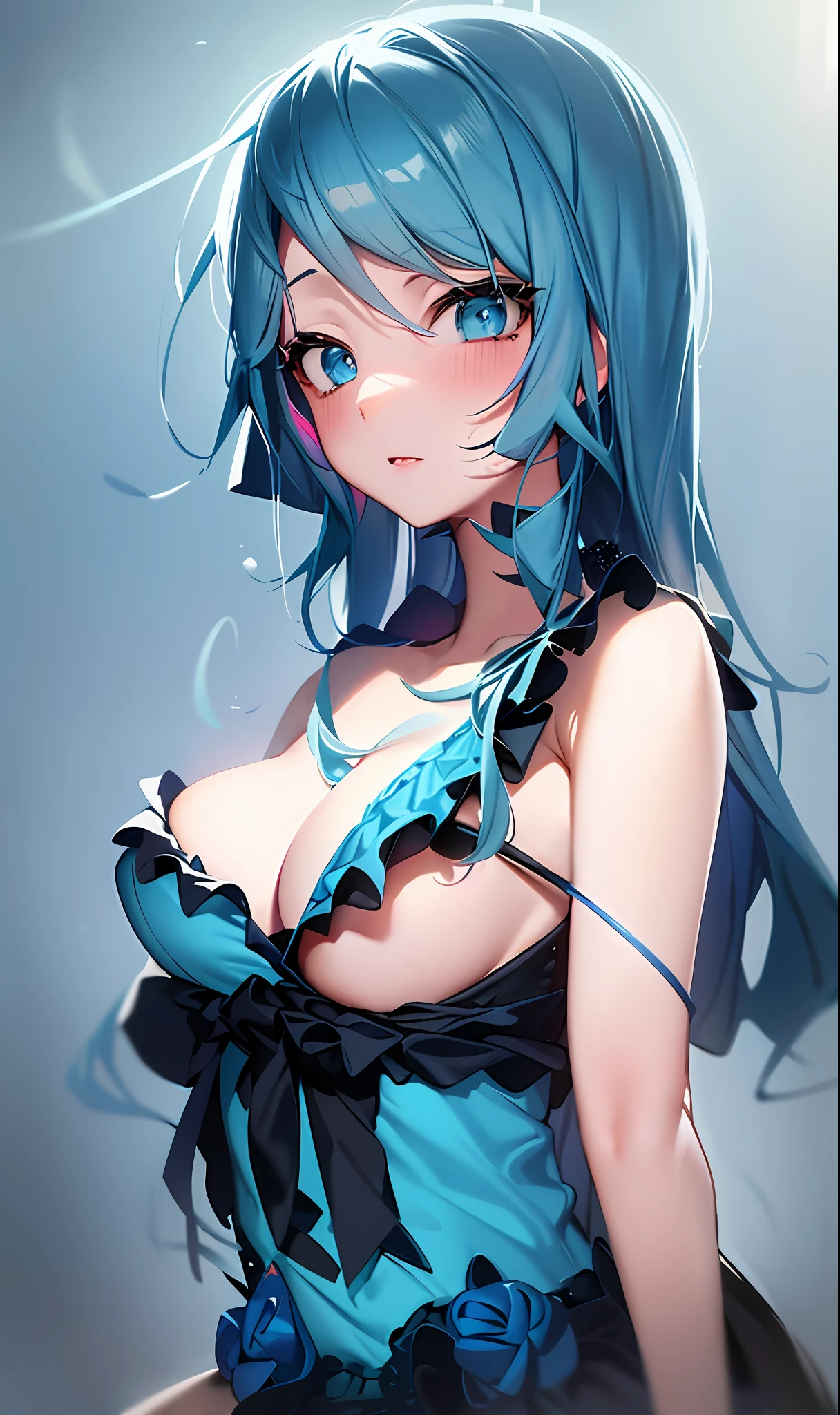 a drawing of a woman with blue hair and a bra top, colored sketch anime manga panel, seductive anime girl, colored sketch, sketchy artstyle, paint tool sai!! blue, mikudayo, flat anime style shading, colorful sketch, 2 d anime style, loli in dress, anime girl with teal hair, painted in anime painter studio, small curvy loli