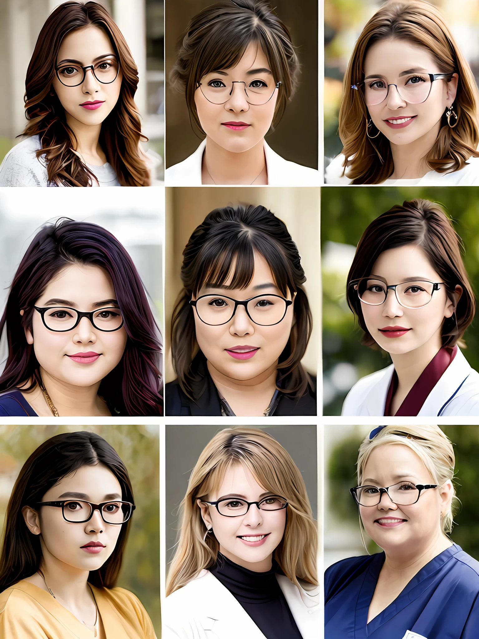 a Nursing team with a total of 8 people, with 3 men, 1 Brazilian of Japanese descent who wears glasses, 40 years old, 1 white with highlights in his hair, 22 years old, and another brunette, 25 years old, brunette team leader, 5 women being 1 chubby redhead brunette aged 34, 1 chubby brunette aged 23 with braids in her hair, 1 tall thin brunette aged 39 with straight hair, 1 white woman with straight black hair tied up aged 45 and a leader of women aged 48 years old, white, chubby, black hair with blonde highlights and who wears glasses, ((detalhes intrincados, hiperdetalhado)), (retroiluminado: 1 .3), (cinematic: .