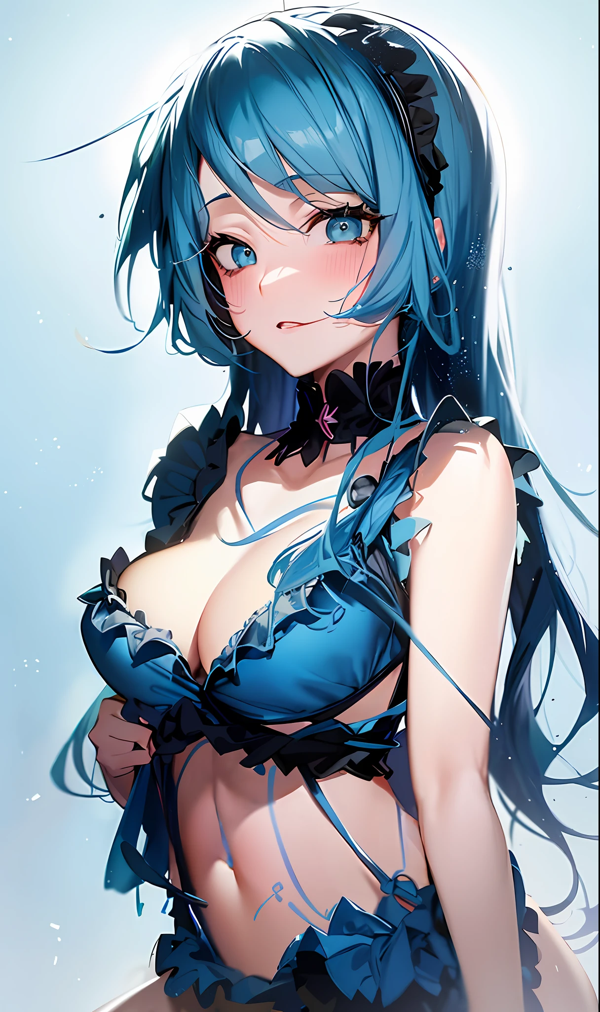 a drawing of a woman with blue hair and a bra top, colored sketch anime manga panel, seductive anime girl, colored sketch, sketchy artstyle, paint tool sai!! blue, mikudayo, flat anime style shading, colorful sketch, 2 d anime style, in dress, anime girl with teal hair, painted in anime painter studio, small curvy loli