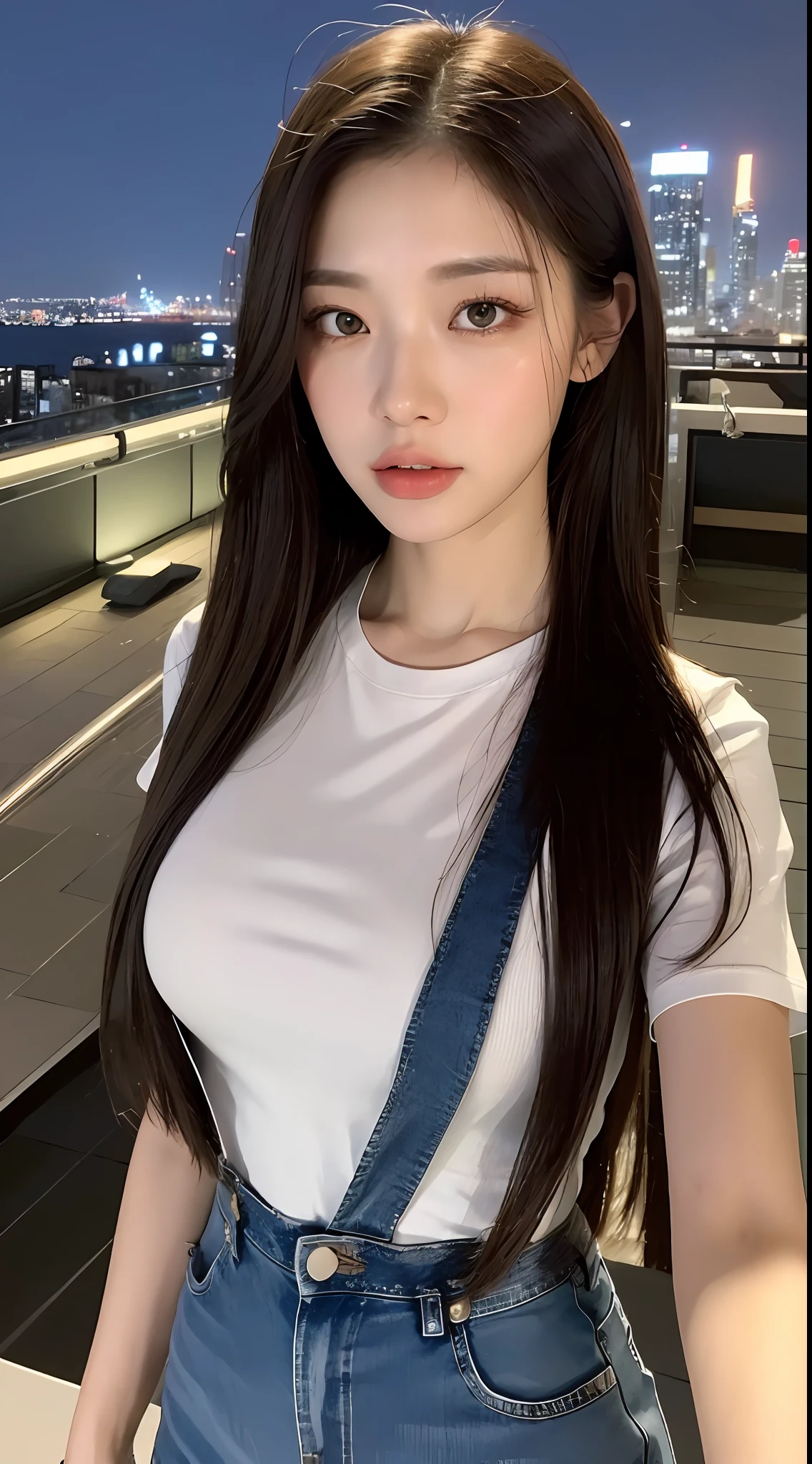 ((Midnight, Best quality, 8k, Masterpiece :1.3)), Whole body, Long legs, Sharp focus :1.2, A pretty woman with perfect figure :1.4, Slender abs :1.1, ((Dark brown hair, Big breasts :1.2)), (White tight tshirt, Jean bib, Standing:1.2), ((Night city view, Rooftop:1.3)), Highly detailed face and skin texture, Detailed eyes, Double eyelid