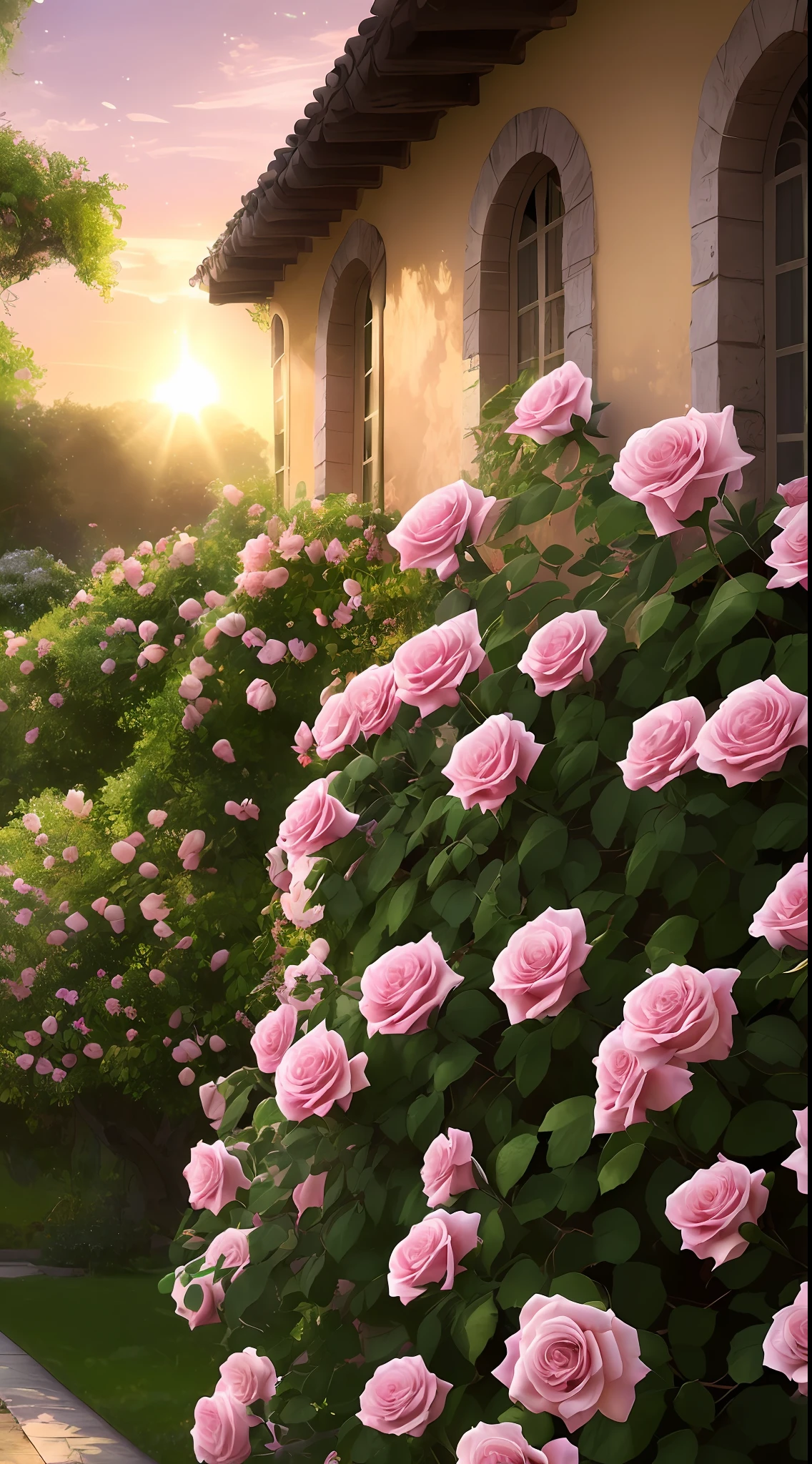 A bush of pink roses outside the house, beautiful and aesthetic, soft pink, beautiful aesthetic, roses in movie lights, lush flowers outdoors, nature and floral aesthetics, rose garden, roses, portal made of roses, beautiful images, roses, fantastic aesthetics, in a cottage core garden, pink golden hour, (masterpiece:1.6, best quality), (fine detailed beautiful eyes: 1.2), (extremely detailed CG unity 8k wallpaper, masterpiece , super detailed, best shadows), (detailed background), high contrast, (best lighting, extremely delicate and beautiful), ((color paint splatter on transparent background, Dulux,)), ((caustics) ), dynamic angles, beautiful detail glow,