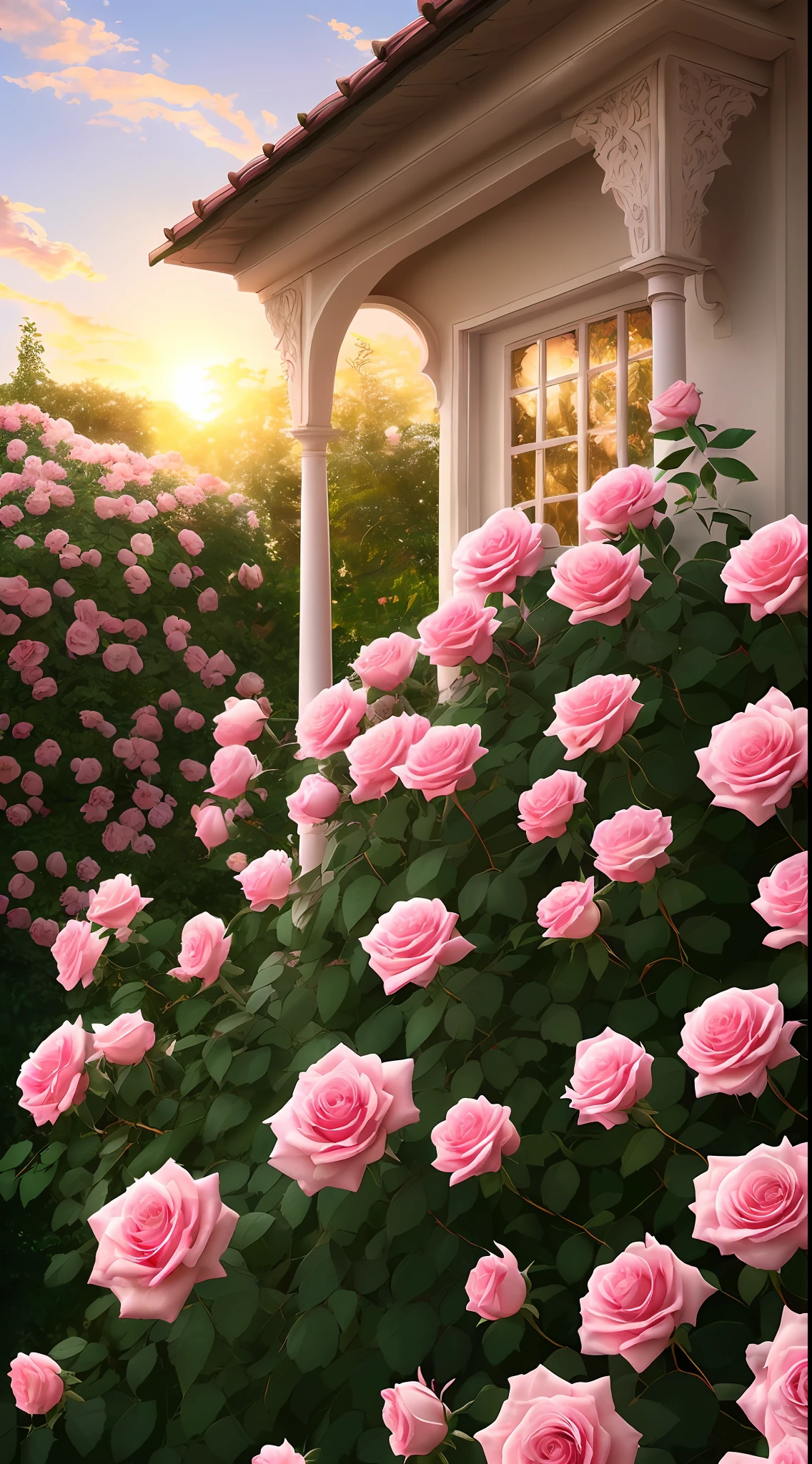 A bush of pink roses outside the house, beautiful and aesthetic, soft pink, beautiful aesthetic, roses in movie lights, lush flowers outdoors, nature and floral aesthetics, rose garden, roses, portal made of roses, beautiful images, roses, fantastic aesthetics, in a cottage core garden, pink golden hour, (masterpiece:1.6, best quality), (fine detailed beautiful eyes: 1.2), (extremely detailed CG unity 8k wallpaper, masterpiece , super detailed, best shadows), (detailed background), high contrast, (best lighting, extremely delicate and beautiful), ((color paint splatter on transparent background, Dulux,)), ((caustics) ), dynamic angles, beautiful detail glow,