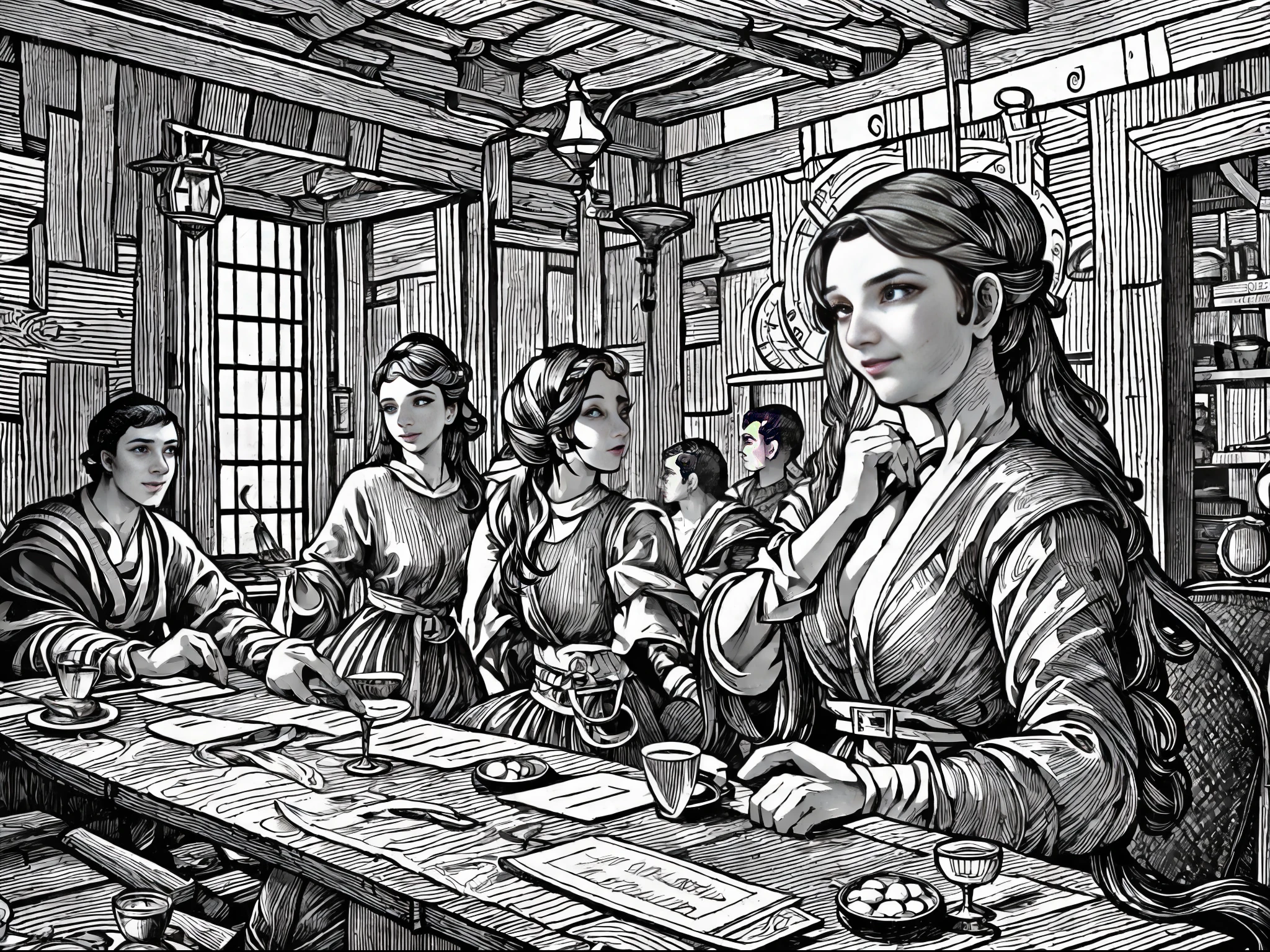 b/w line art illustration, Extremely fine lines，Inside an old tavern in medieval England，Gilliae/w line art style, Little beautiful tavern girl，Giant breasts, narrow waist, medieval long dress，Half chest exposed，Holding a wooden wine glass and laughing with a group of male guests，Candle light and shadow，Cinematic lighting，Soft focus effect，Detailed and complex background， Baroque style，Renaissance art ，realistic, Track focus，Fill light， Welcoming atmosphere，Place is dirty，confusion，