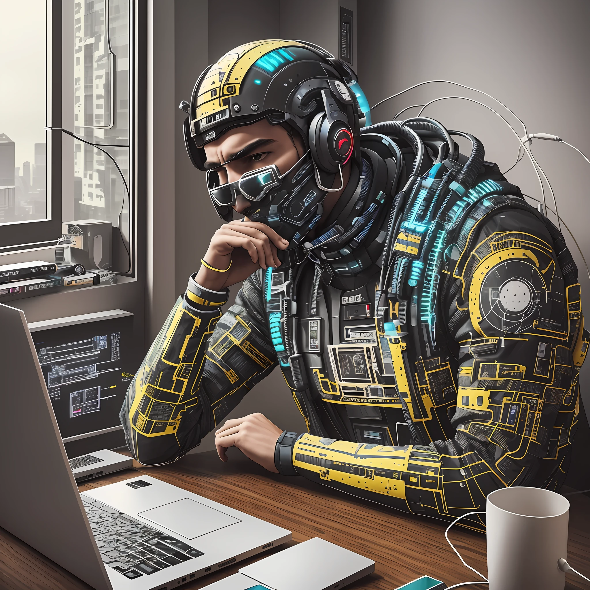 Homem Programador python, cyberpunk,  dentro de um apartamento grande, olhando pelas janelas de vidro, cidade futurista, olhar estrategista, laptop, cinematic, ultra realista, altamente detalhado (obra prima) --auto --s2