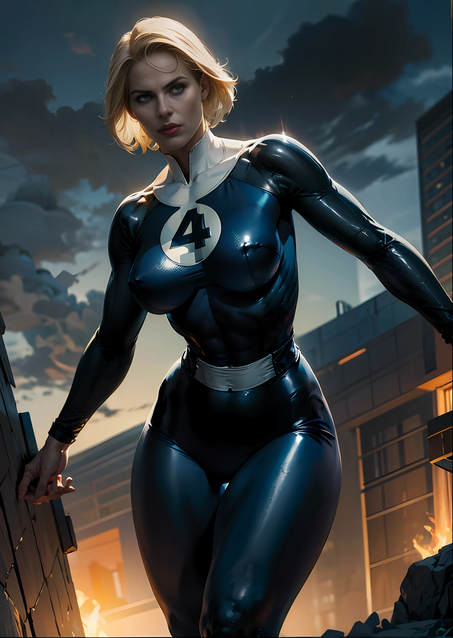 An ultra-realistic rendering of Sue Storm, the iconic Fantastic Four suit, floating in mid-air. Sue has an intense and focused expression on her face, with her blonde hair blowing back dramatically. She is wearing her trademark blue and white bodysuit, and her figure is emphasized with dynamic curves. The background is a stormy sky, with dark clouds and lightning in the distance, creating a sense of epic scale. Overall, the image should capture the essence of Sue Storm's power, strength, and beauty in a stunning and awe-inspiring way.