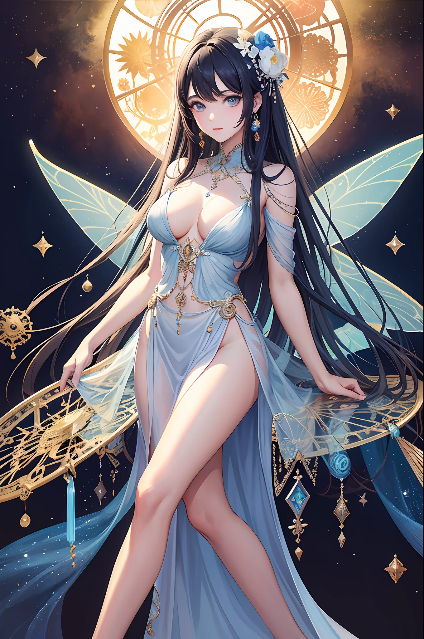 (a masterpiece,Top Quality,Bestquality,Official Art,Beauty and aesthetics:1.2),(Girls nude girls 1 pc),light painting,(long exposure:1.2),dynamic streaks,extremely detailed,(fractal art:1.3 pcs),colorfully,Most detailed,Chiffon dress,jewelry,floral,a fairy,goddess,All over body,Half-moon wheel