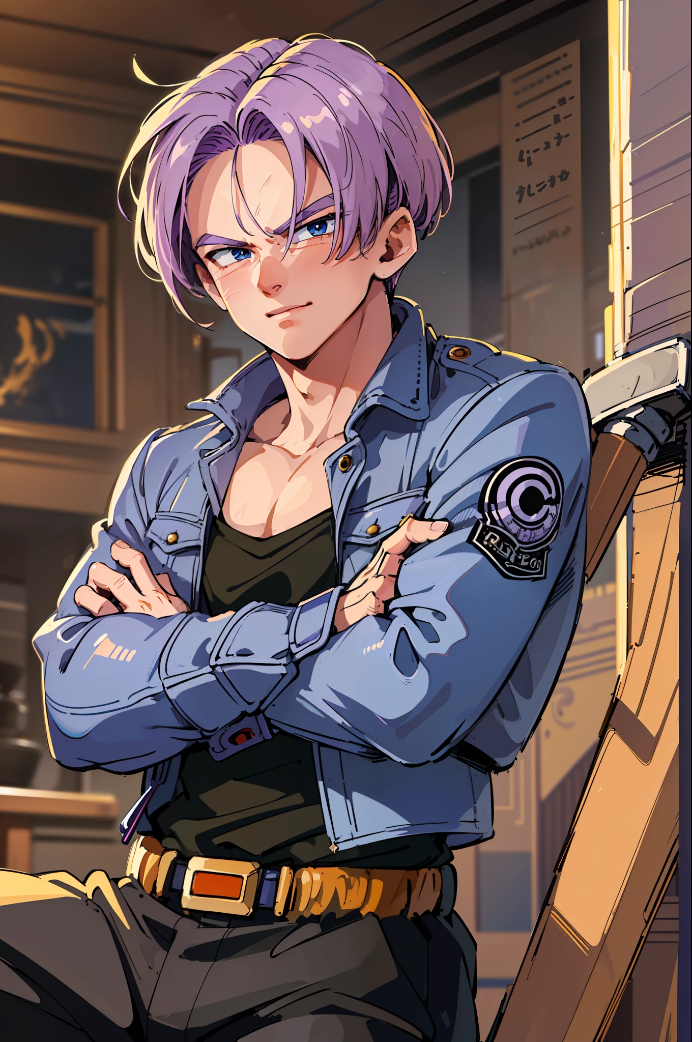 ((highest quality, masterpiece, 4k, finely detailed, detailed eyes, detailed face, intricate details)), ((solo)), male focus, 1boy, trunks \(dragon ball\), smirking, looking at viewer, blushing slightly, crossed arms, purple hair, blue eyes, no jacket, shirt, pants, sword sheath, sweating, city in background