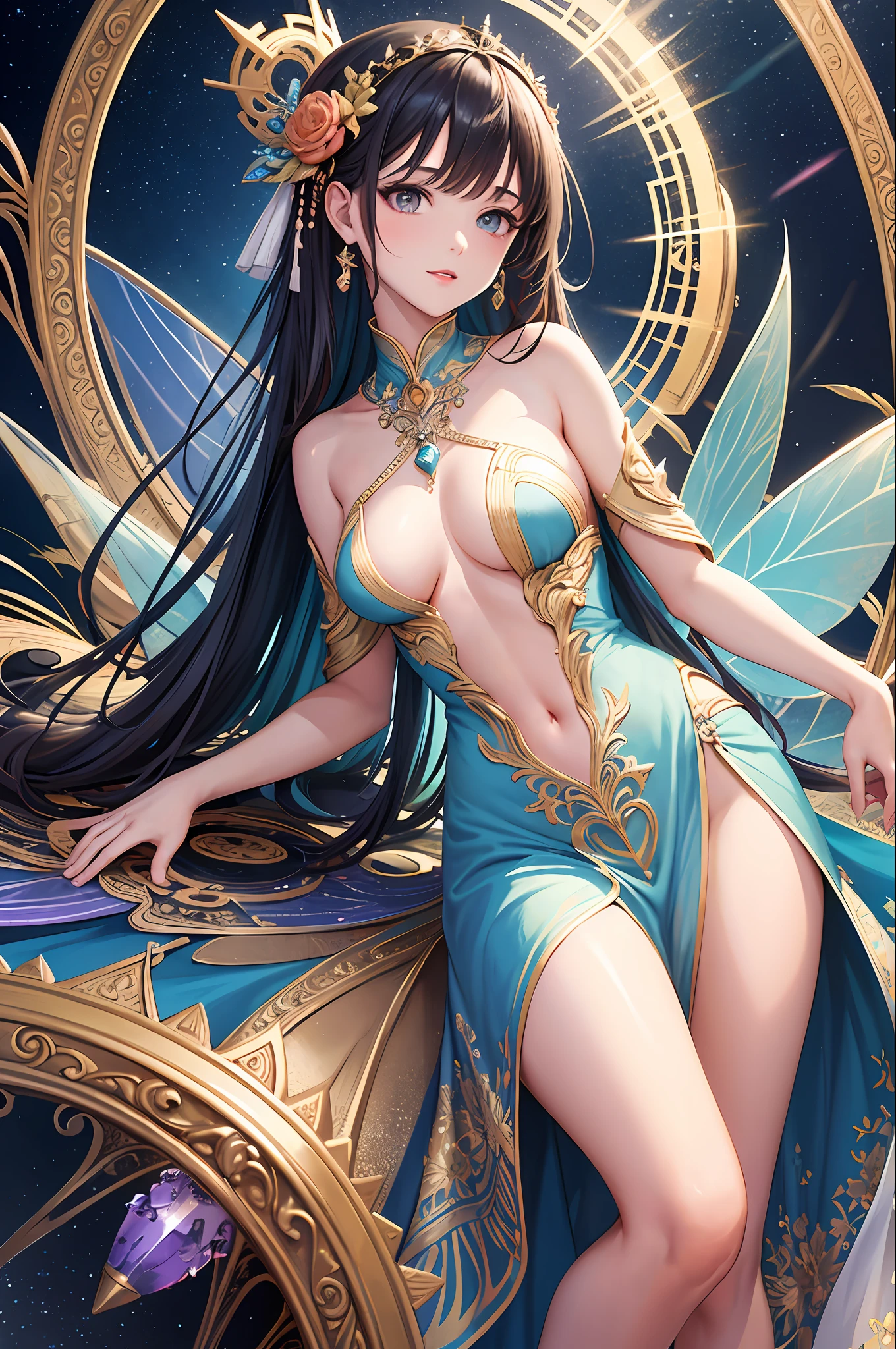 (a masterpiece,Top Quality,Bestquality,Official Art,Beauty and aesthetics:1.2),(Girls nude girls 1 pc),light painting,(long exposure:1.2),dynamic streaks,extremely detailed,(fractal art:1.3 pcs),colorfully,Most detailed,Chiffon dress,jewelry,floral,a fairy,goddess,All over body,Half-moon wheel