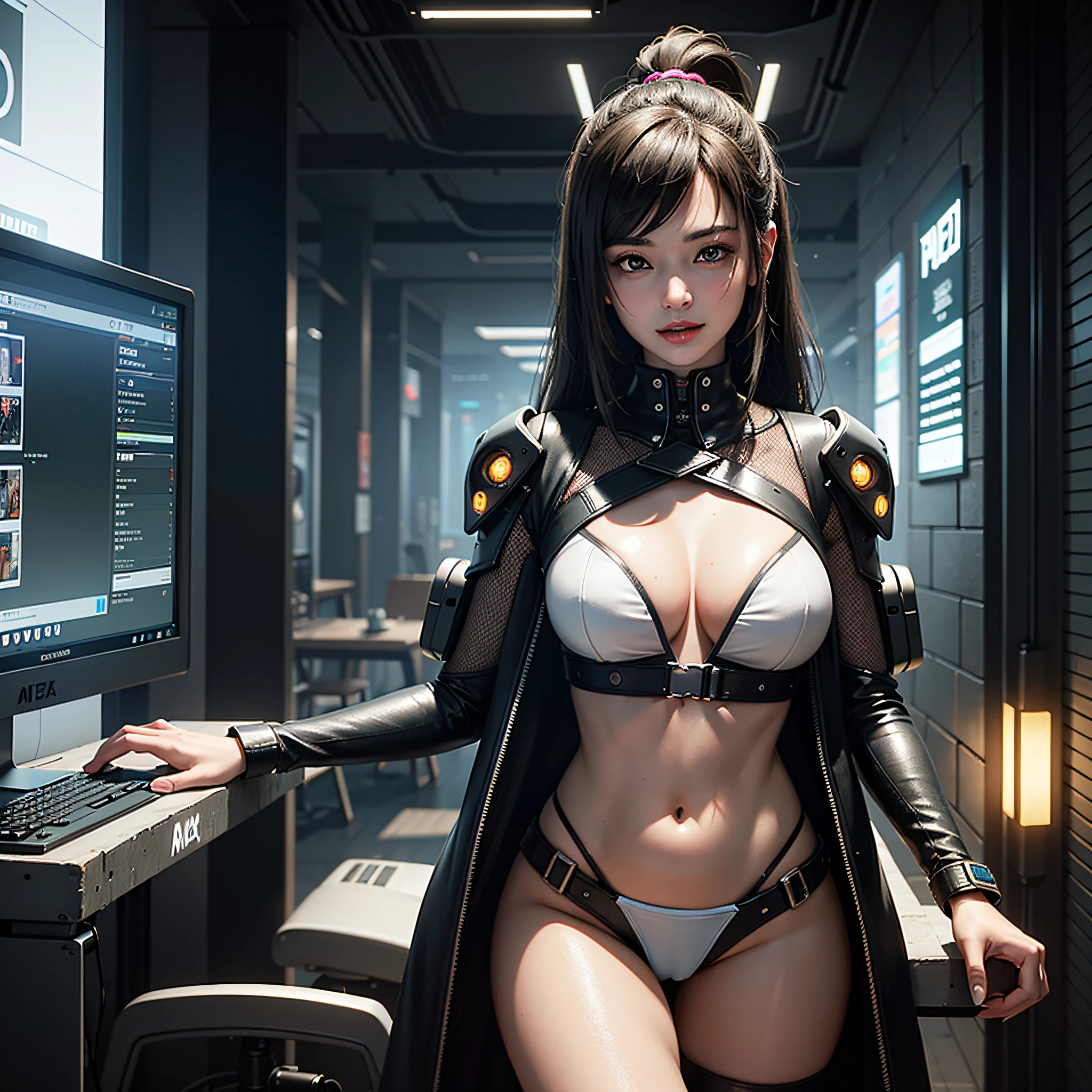 ((Best quality)), ((masterpiece)), (highly detailed:1.3), 3D, beautiful (cyberpunk:1.3) female hacker with thick voluminous hair operating a computer terminal, computer servers, LCD screens, fibre optic cables, corporate logos,HDR (High Dynamic Range),Ray Tracing,NVIDIA RTX,Super-Resolution,Unreal 5,Subsurface scattering,PBR Texturing,Post-processing,Anisotropic Filtering,Depth-of-field,Maximum clarity and sharpness,Multi-layered textures,Albedo and Specular maps,Surface shading,Accurate simulation of light-material interaction,Perfect proportions,Octane Render,Two-tone lighting,Low ISO,White balance,Rule of thirds,Wide aperature,8K RAW,Efficient Sub-Pixel,sub-pixel convolution,luminescent particles, sexy smile