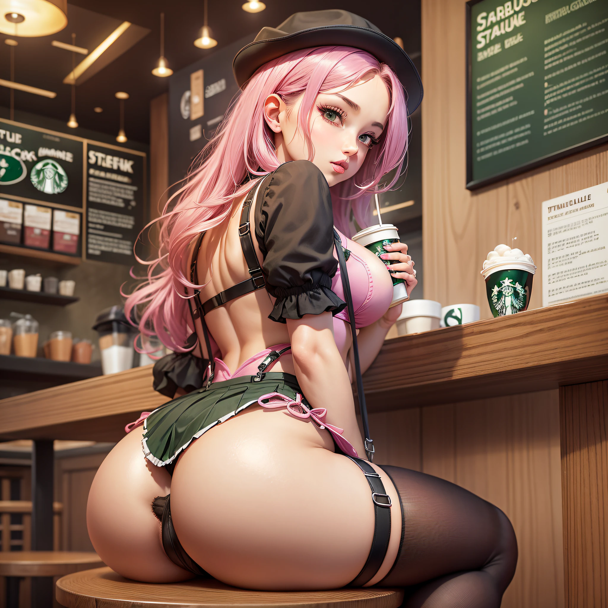 Inside the Starbucks coffee shop,BEAUTIFUL GIRL,G-cup,low cut,Pleated skirt,black stockings,Pink suspenders,Sit at the table,trutle drink coffee,show ass --auto --s2